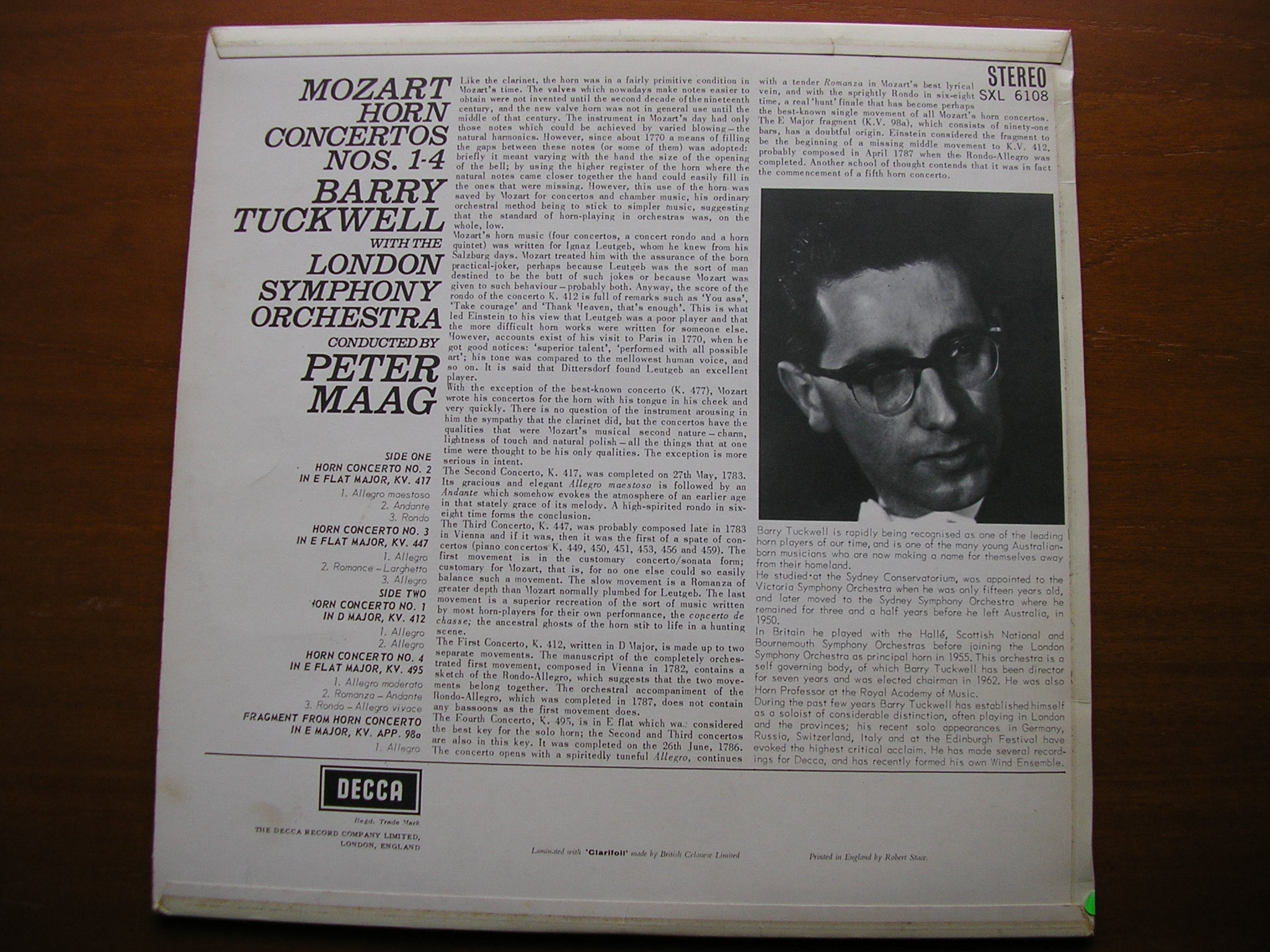 SXL 6108 MOZART: HORN CONCERTOS Nos. 1 - 4 TUCKWELL / LONDON SYMPHONY / MAAG