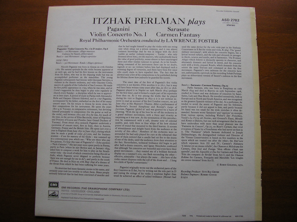 PAGANINI: VIOLIN CONCERTO No. 1 / SARASATE: CARMEN FANTASY    PERLMAN / ROYAL PHILHARMONIC / FOSTER   ASD 2782