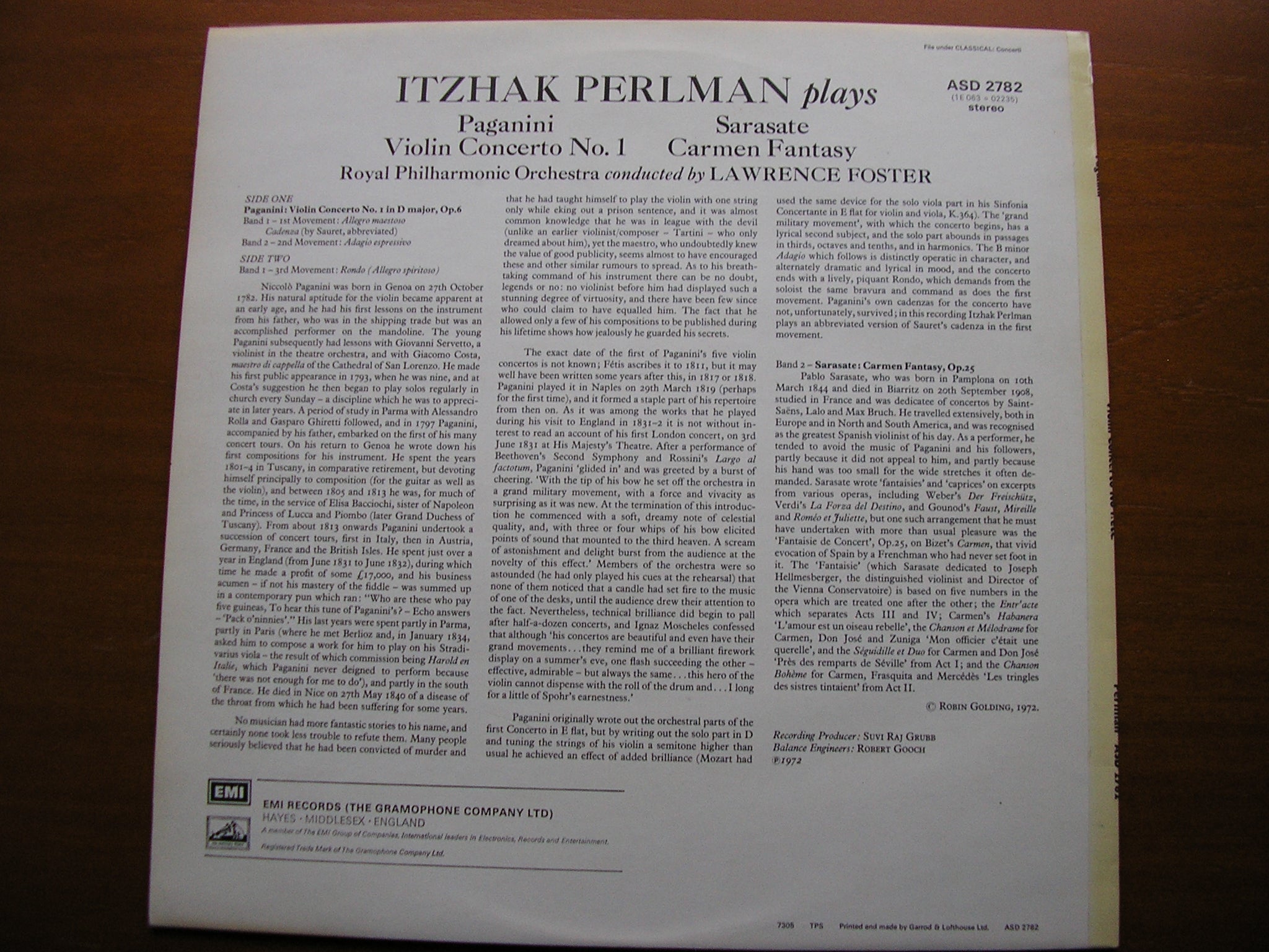 PAGANINI: VIOLIN CONCERTO No. 1 / SARASATE: CARMEN FANTASY    PERLMAN / ROYAL PHILHARMONIC / FOSTER   ASD 2782