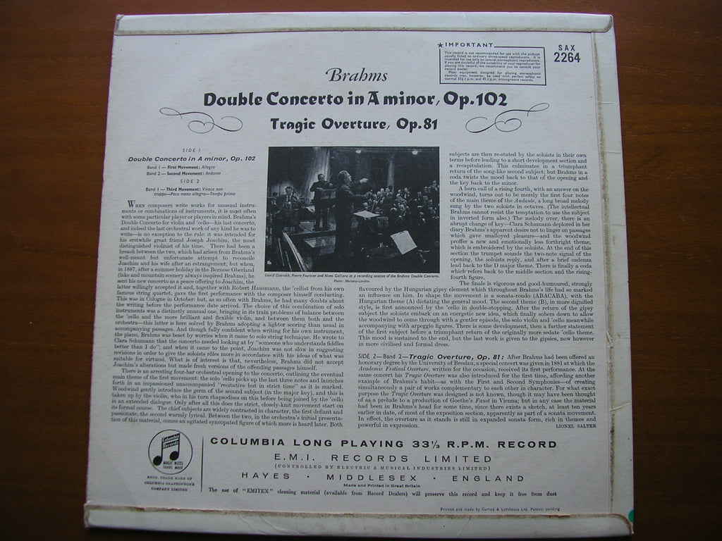 SAX 2264  BRAHMS: DOUBLE CONCERTO / TRAGIC OVERTURE     OISTRAKH / FOURNIER / PHILHARMONIA / GALLIERA