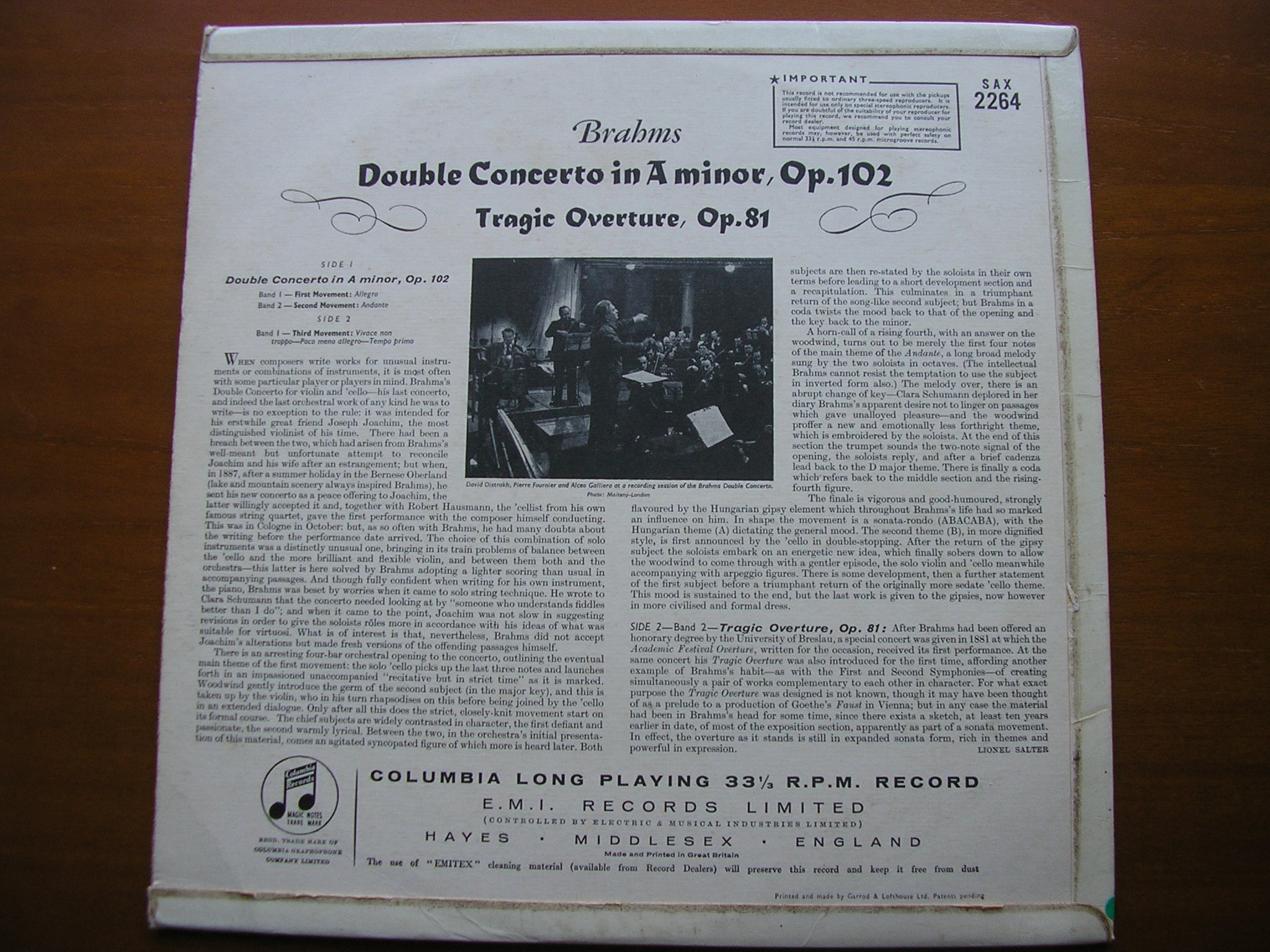 SAX 2264  BRAHMS: DOUBLE CONCERTO / TRAGIC OVERTURE     OISTRAKH / FOURNIER / PHILHARMONIA / GALLIERA