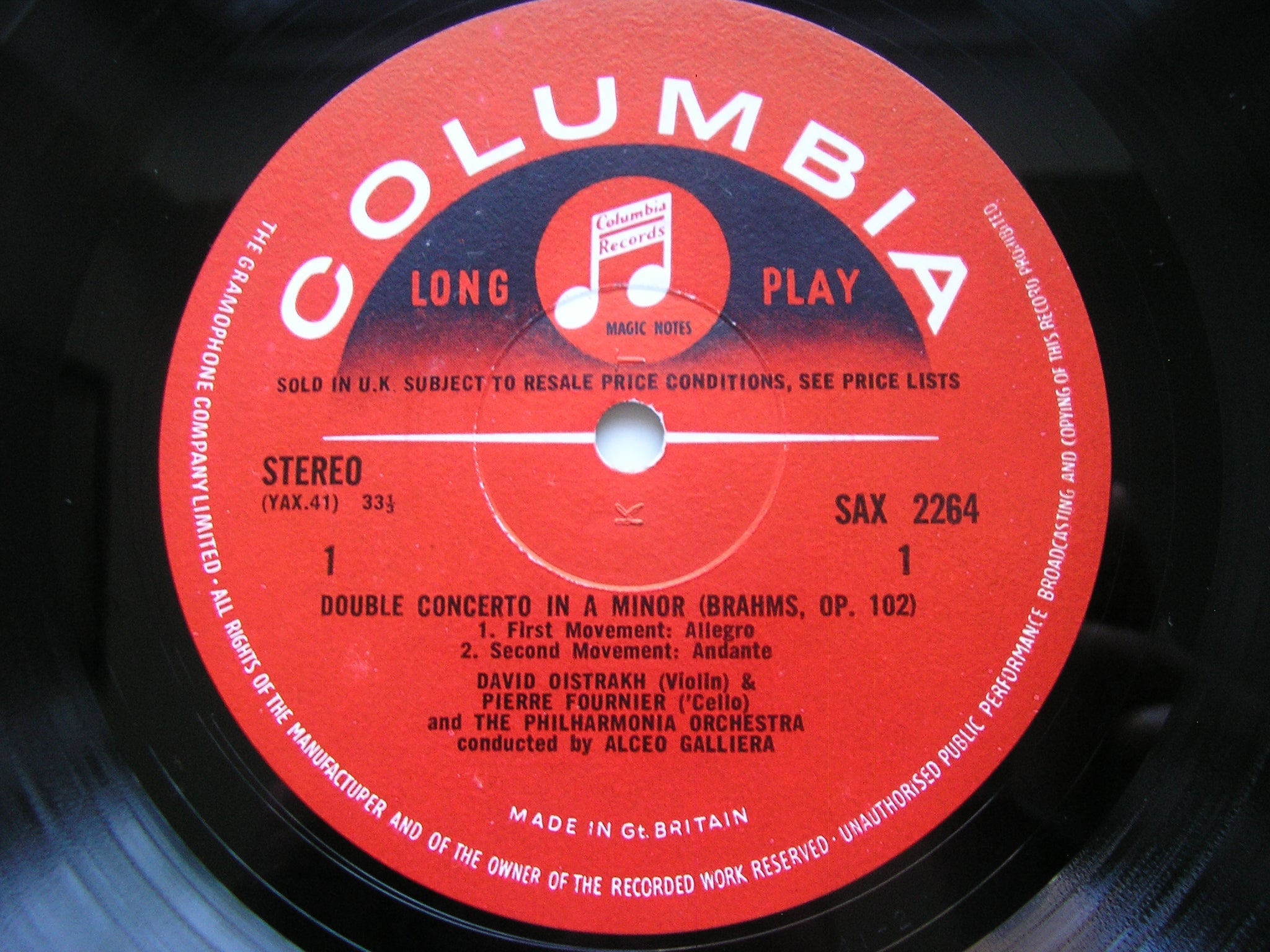 SAX 2264  BRAHMS: DOUBLE CONCERTO / TRAGIC OVERTURE     OISTRAKH / FOURNIER / PHILHARMONIA / GALLIERA