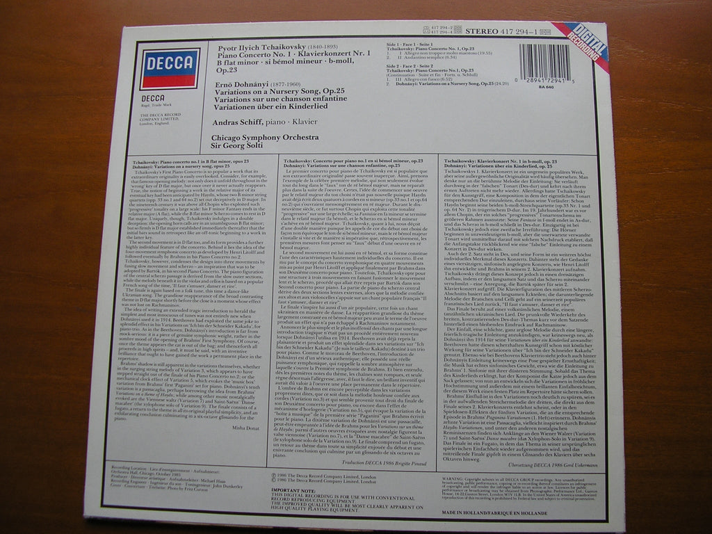TCHAIKOVSKY: PIANO CONCERTO No. 1 / DOHNANYI: VARIATIONS    SCHIFF / CHICAGO SYMPHONY / SOLTI    417 294