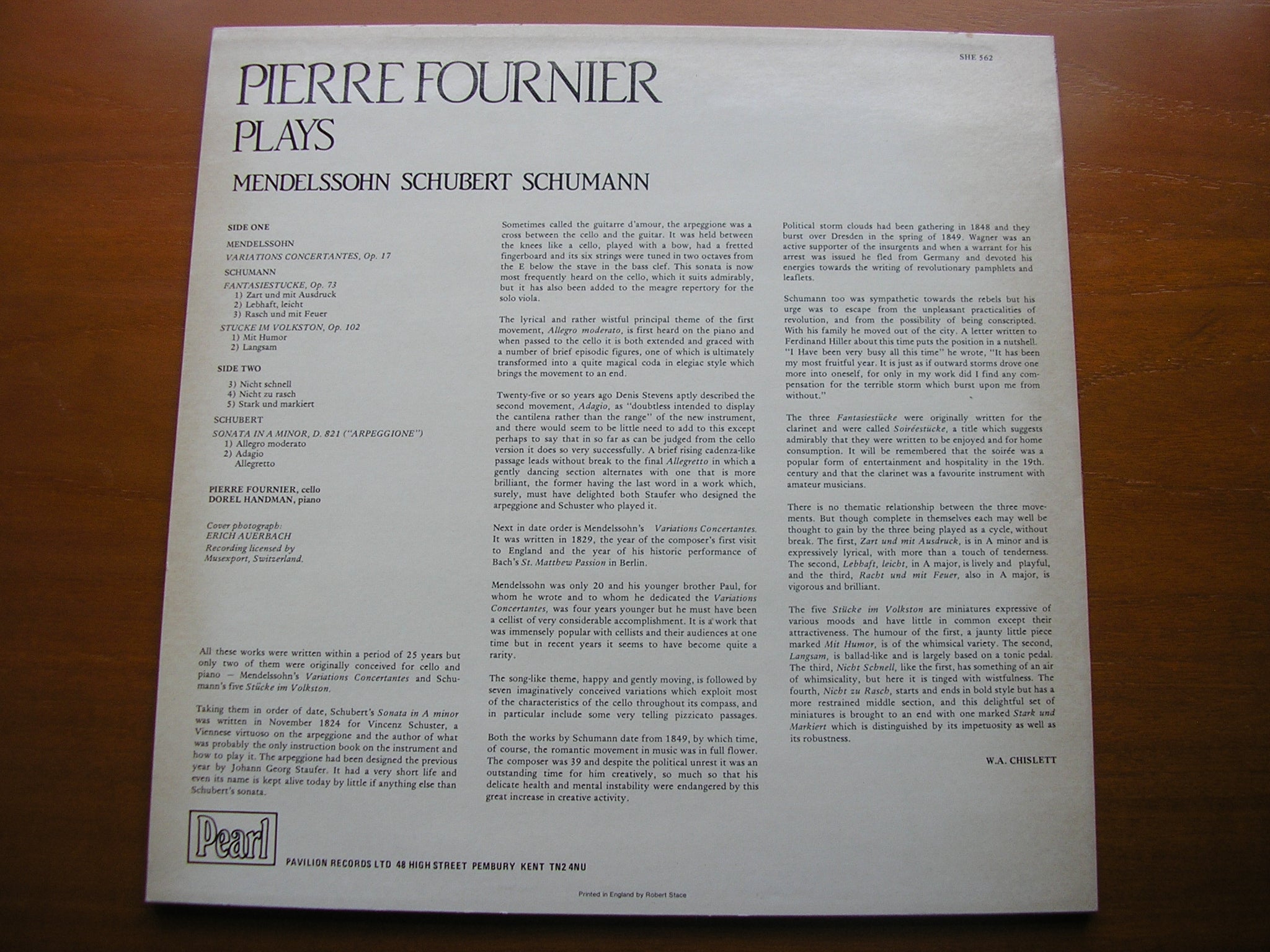 PIERRE FOURNIER PLAYS MENDELSSOHN / SCHUMANN / SCHUBERT     FOURNIER / HANDMAN       SHE 562