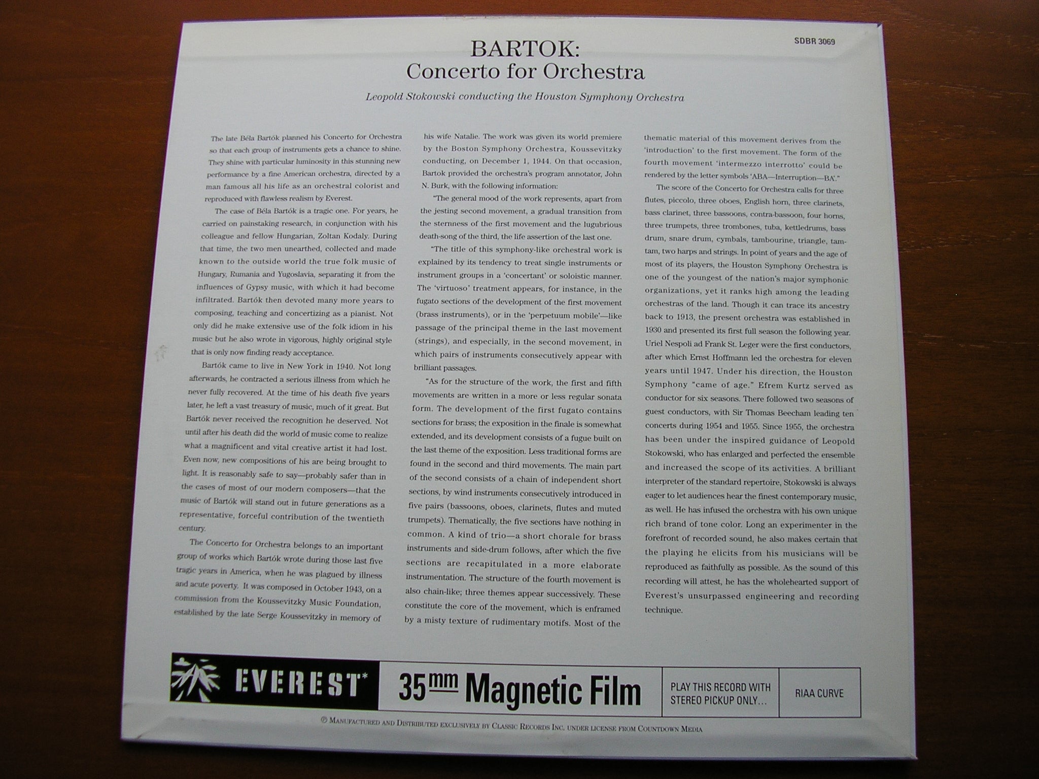 BARTOK: CONCERTO FOR ORCHESTRA   LEOPOLD STOKOWSKI / HOUSTON SYMPHONY   SDBR 3069