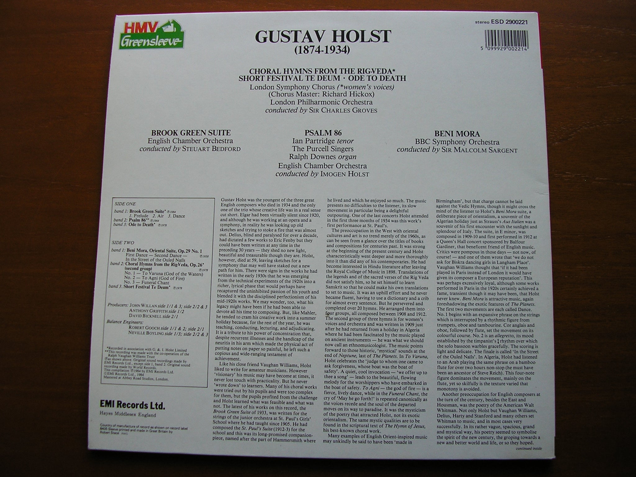 HOLST: BROOK GREEN SUITE / BENI MORA / PSALM 86   ENGLISH CHAMBER ORCHESTRA /  BBCSO / GROVES / HOLST / BEDFORD   ESD 2900221
