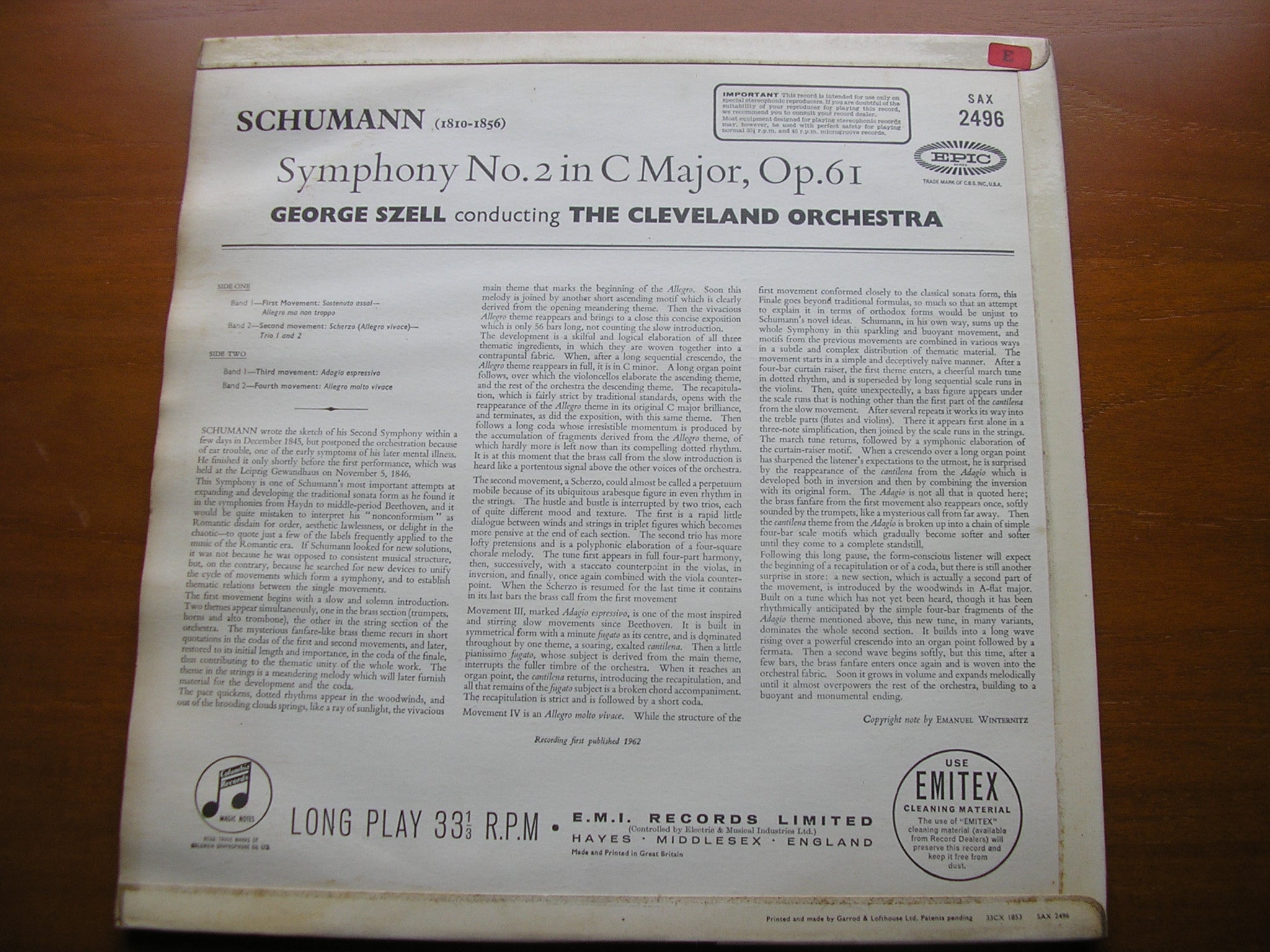 SCHUMANN: SYMPHONY No. 2    SZELL / CLEVELAND ORCHESTRA    SAX 2496