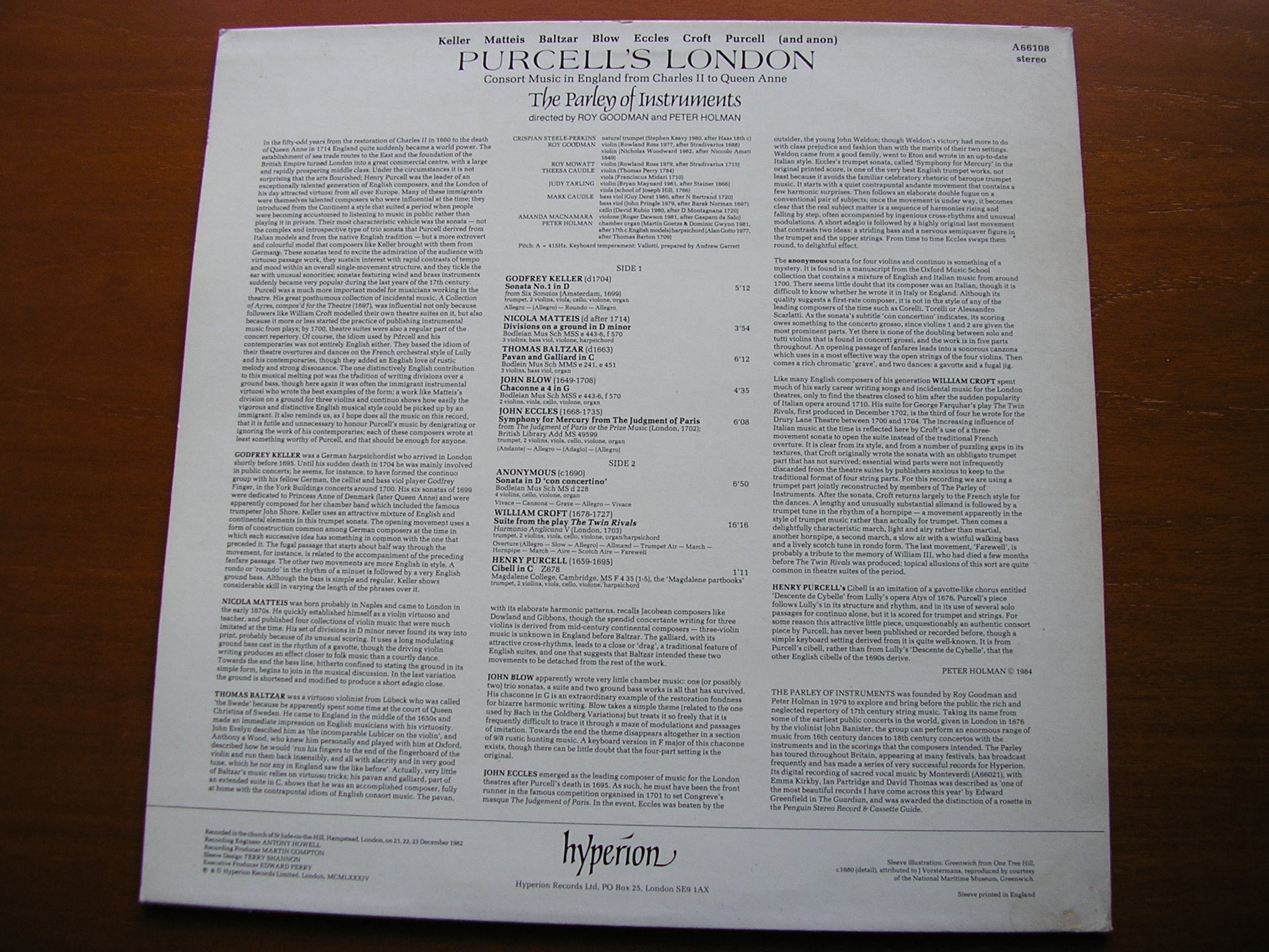 PURCELL'S LONDON: MUSIC BY CROFT / PURCELL / BLOW / ECCLES / KELLER / MATTEIS     THE PARLEY OF INSTRUMENTS / GOODMAN   A66108