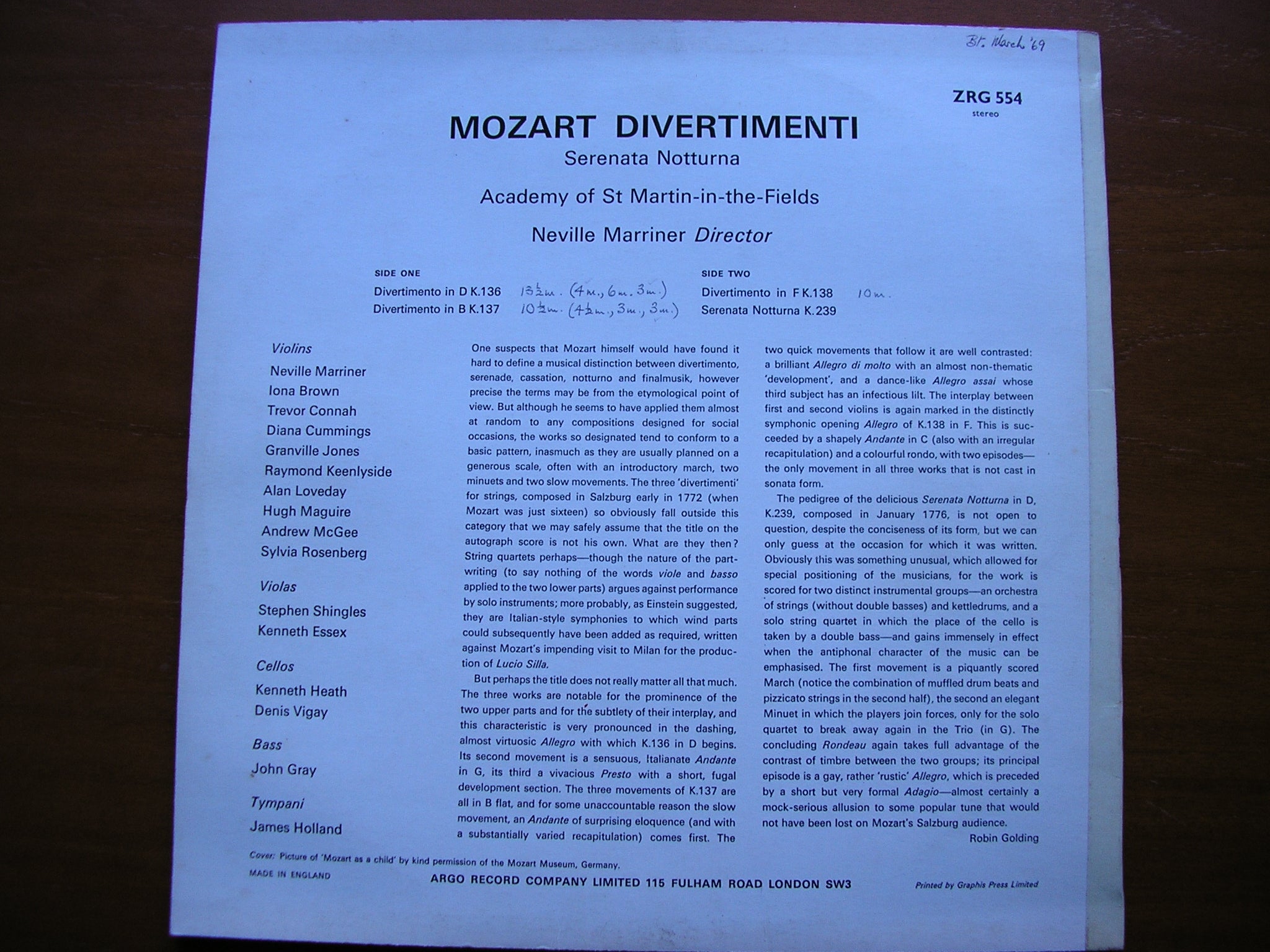 MOZART: THREE DIVERTIMENTI K136 - 138 / SERENATA NOTTURNA     MARRINER / ASMIF    ZRG 554