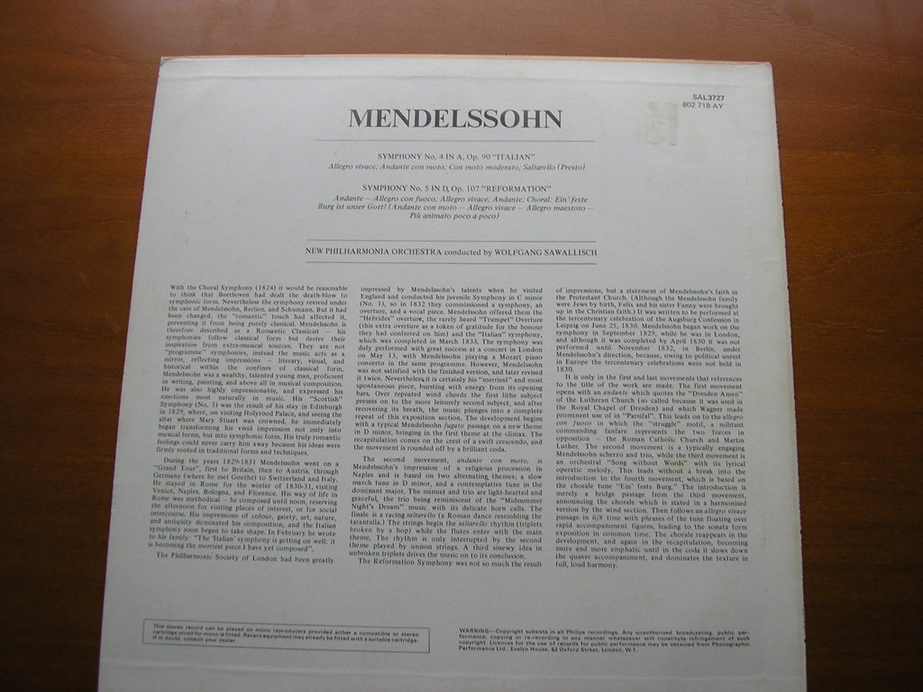MENDELSSOHN: SYMPHONIES Nos. 4 'Italian' & 5 'Reformation'     SAWALLISCH / NEW PHILHARMONIA    SAL 3727