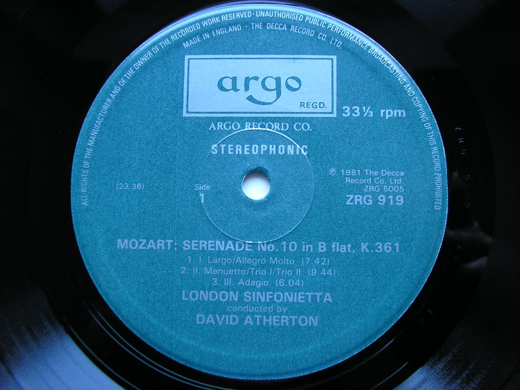 MOZART: SERENADE No. 10 in B  K361    ATHERTON / LONDON SINFONIETTA    ZRG 919