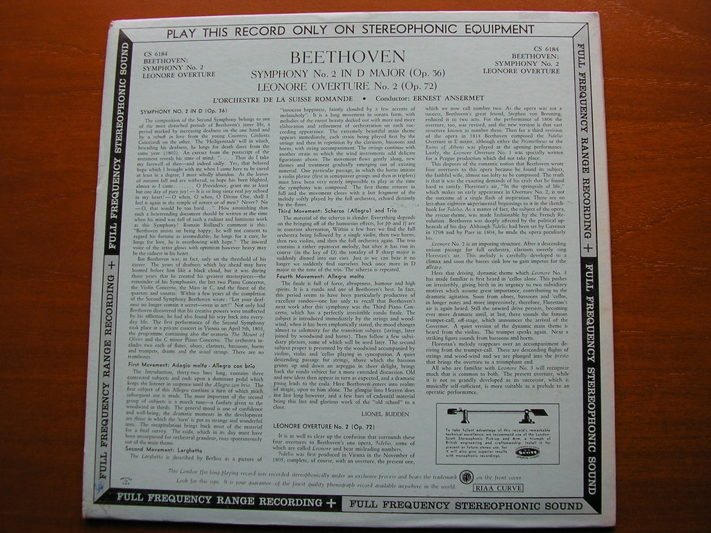 BEETHOVEN: SYMPHONY No. 2 / LEONORA No. 2    ANSERMET / SUISSE ROMANDE   CS 6184