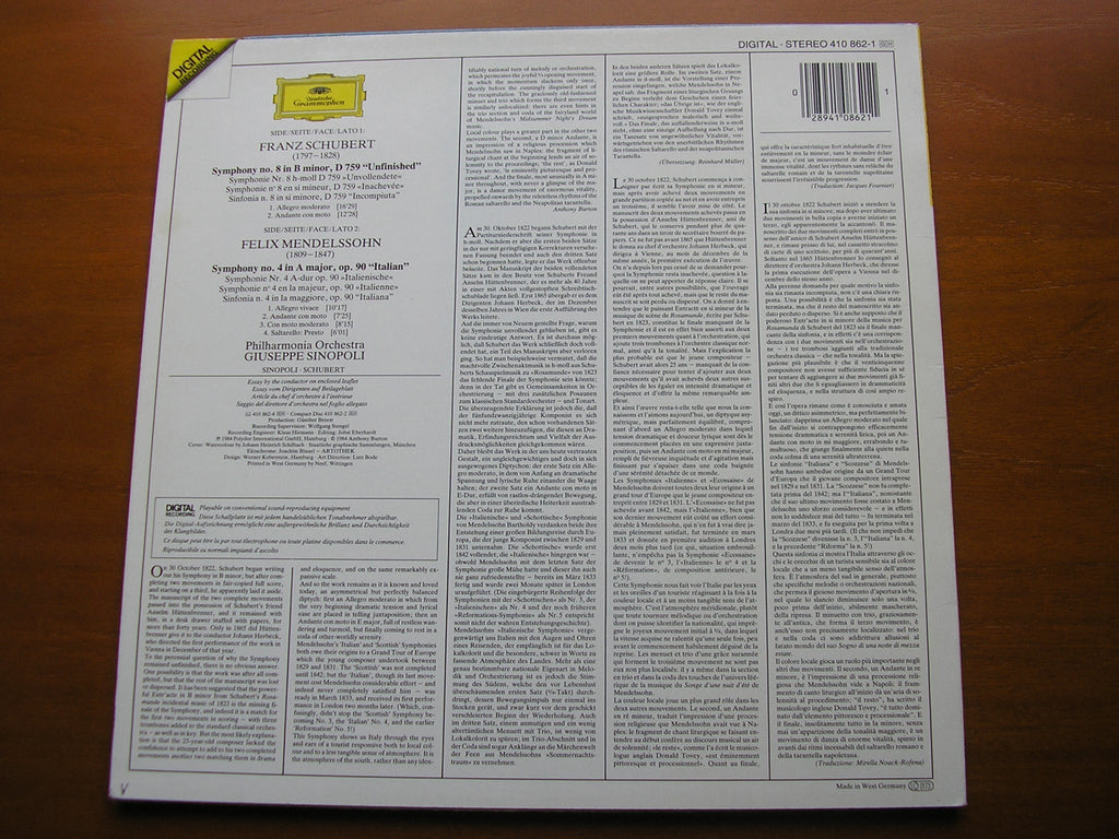 MENDELSSOHN: SYMPHONY No. 4 / SCHUBERT: SYMPHONY No. 8     SINOPOLI / PHILHARMONIA   410 862