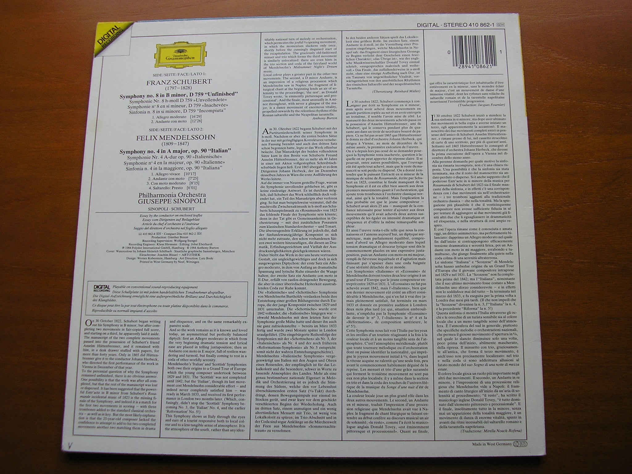 MENDELSSOHN: SYMPHONY No. 4 / SCHUBERT: SYMPHONY No. 8     SINOPOLI / PHILHARMONIA   410 862