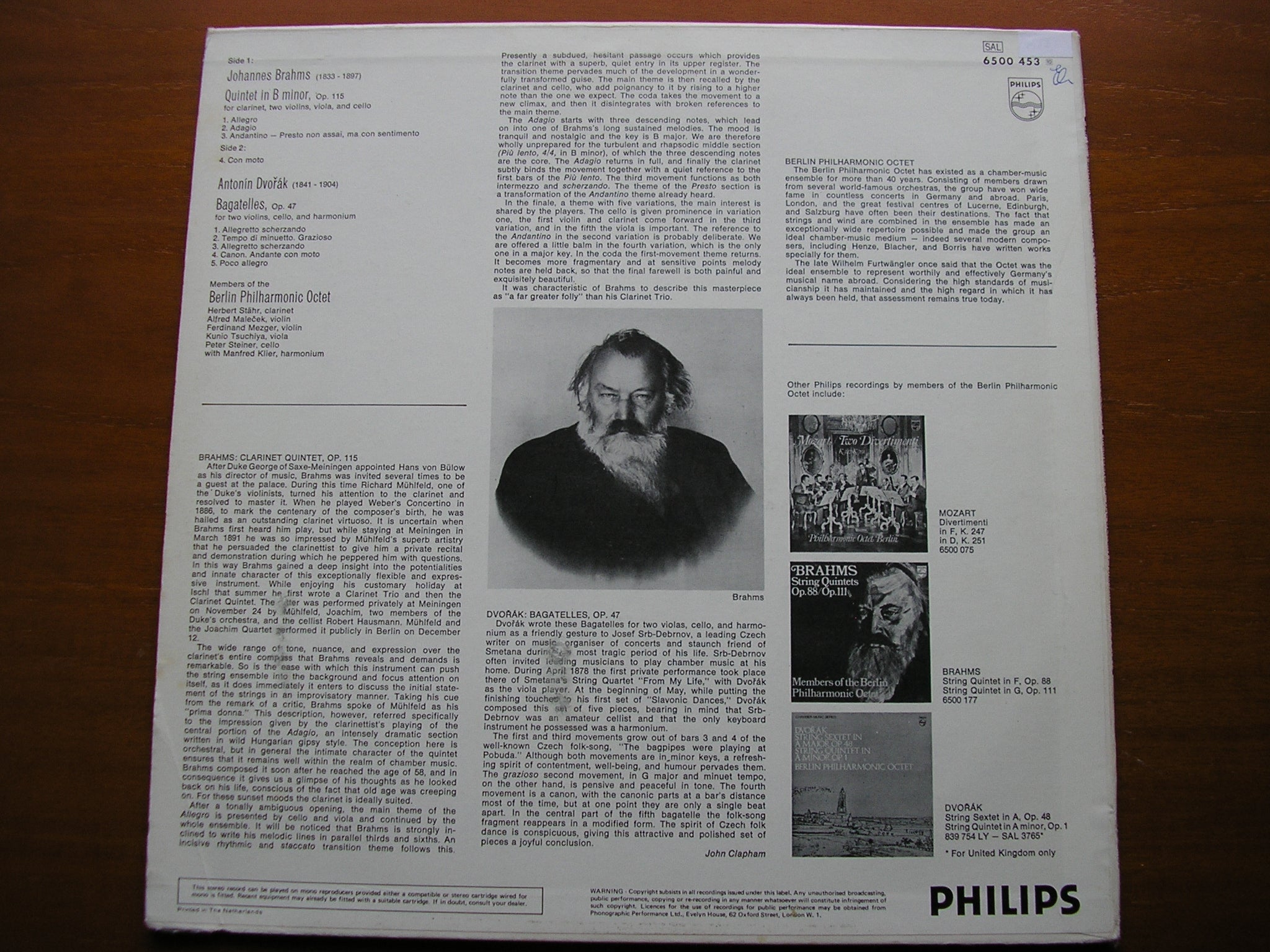 BRAHMS: CLARINET QUINTET in B / DVORAK: BAGATELLES   MEMBERS OF THE BERLIN PHILHARMONIC OCTET    6500 453