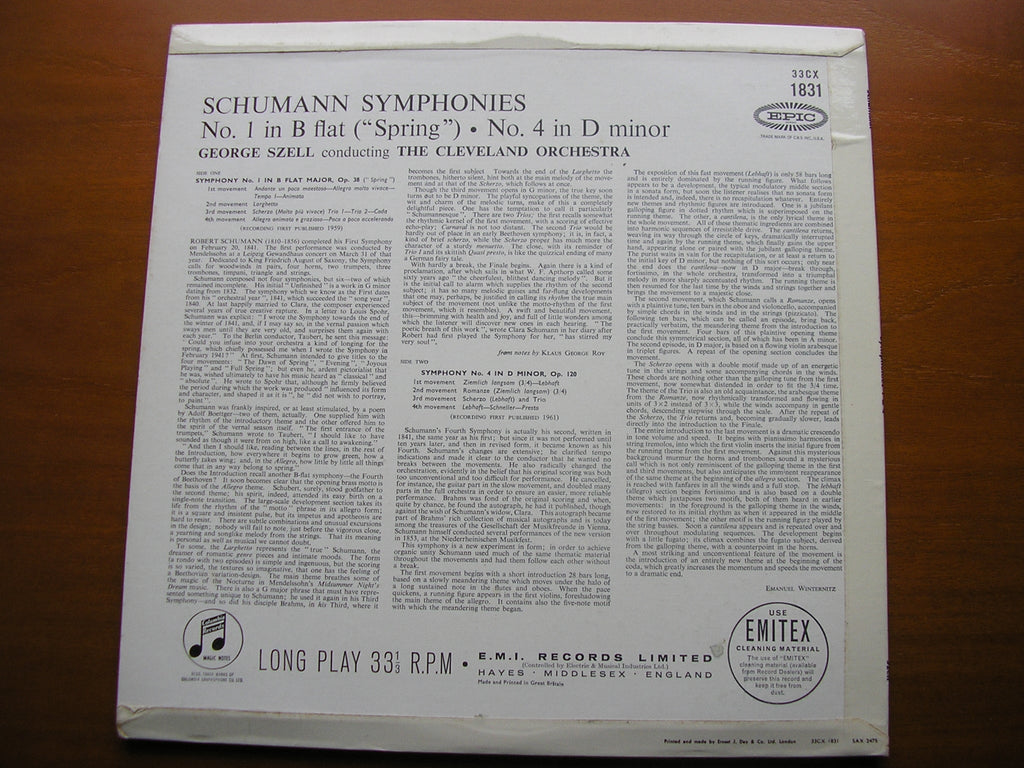 SCHUMANN: SYMPHONIES Nos. 1 & 4     SZELL / CLEVELAND ORCHESTRA     33CX 1831