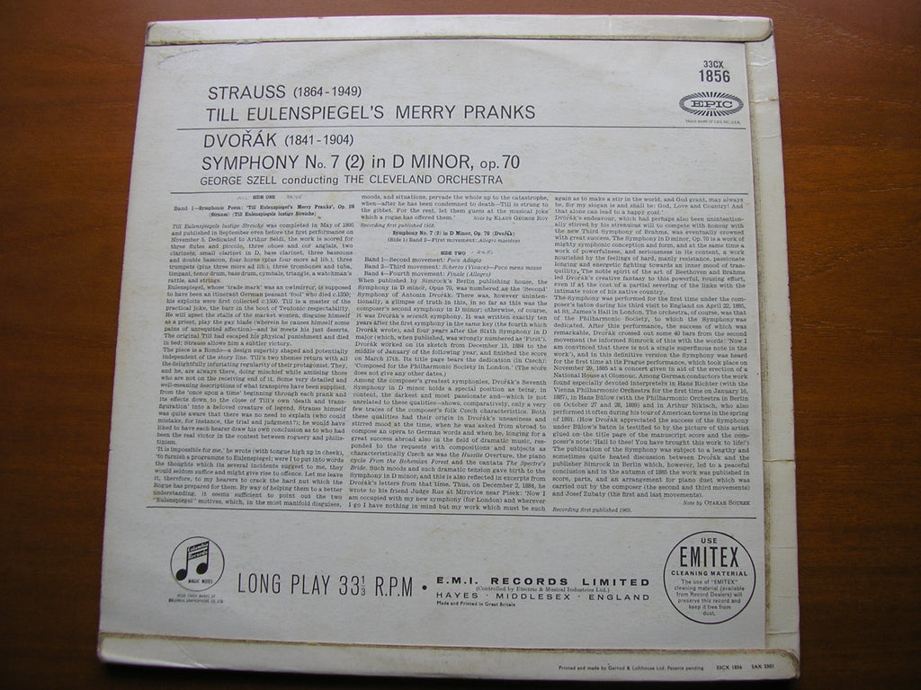 DVORAK: SYMPHONY No. 7 / STRAUSS: TILL EULENSPIEGEL    SZELL / CLEVELAND ORCHESTRA     33CX 1856