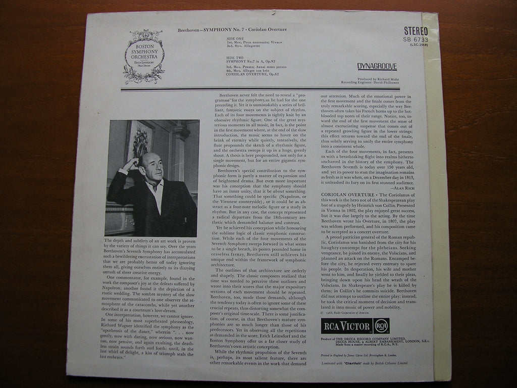 BEETHOVEN: SYMPHONY No. 7 / OVERTURE: Coriolan  LEINSDORF / BOSTON SYMPHONY   SB 6733