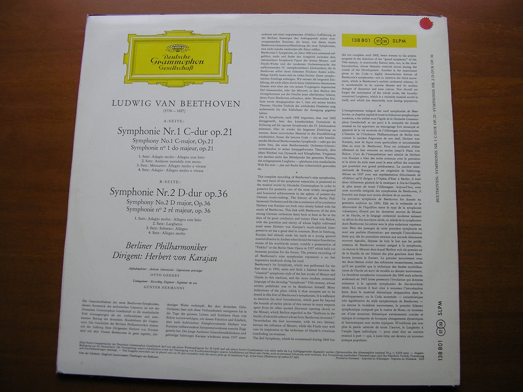 BEETHOVEN: SYMPHONIES Nos. 1 & 2     KARAJAN / BERLIN PHILHARMONIC   138 801