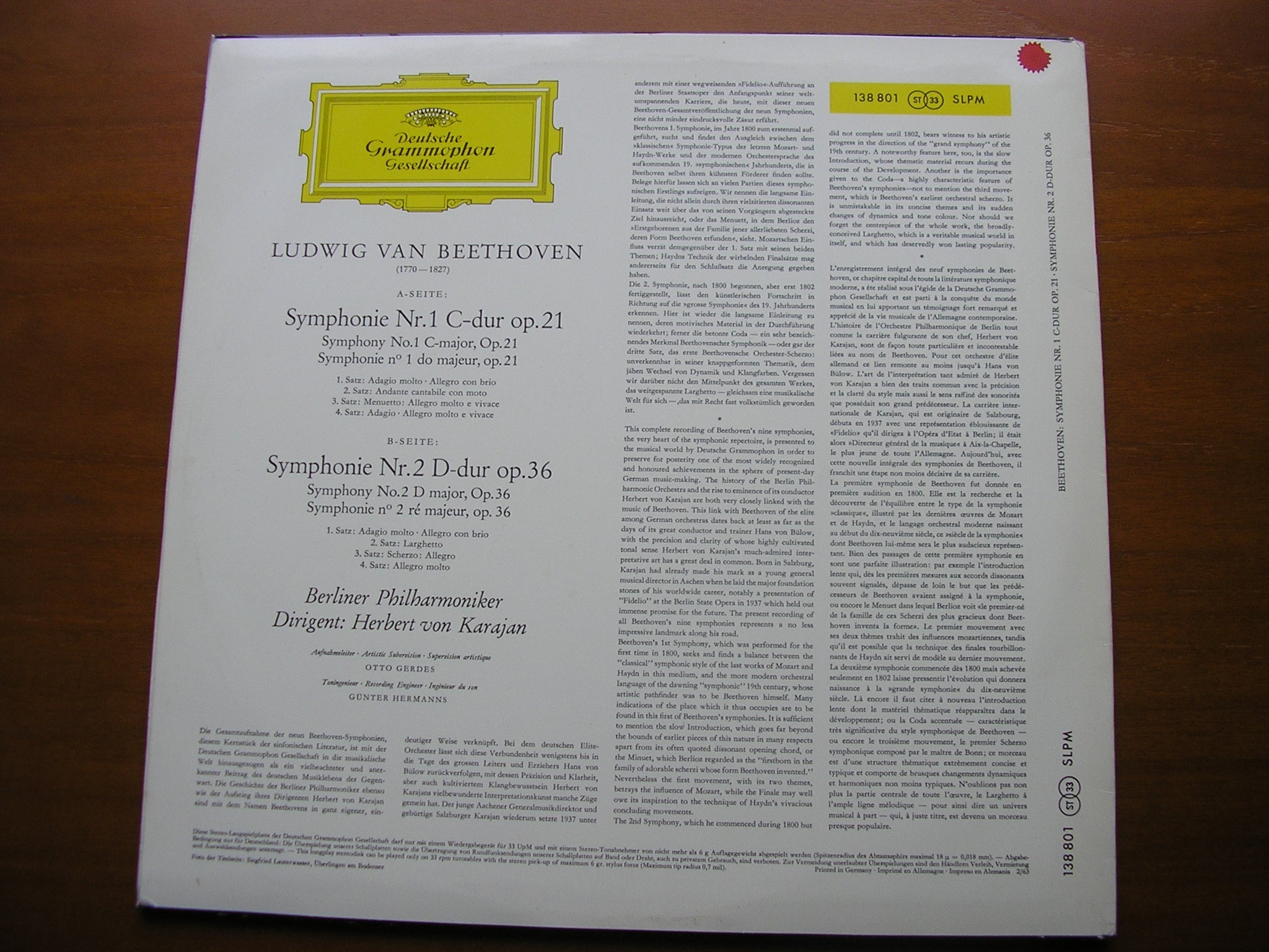 BEETHOVEN: SYMPHONIES Nos. 1 & 2     KARAJAN / BERLIN PHILHARMONIC   138 801