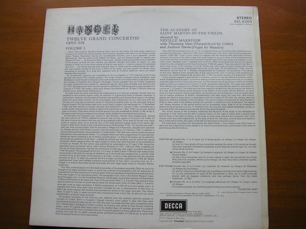 SXL 6369 HANDEL: CONCERTI GROSSI Op. 6 Nos. 1 - 4 MARRINER / ACADEMY OF SAINT MARTIN IN THE FIELDS