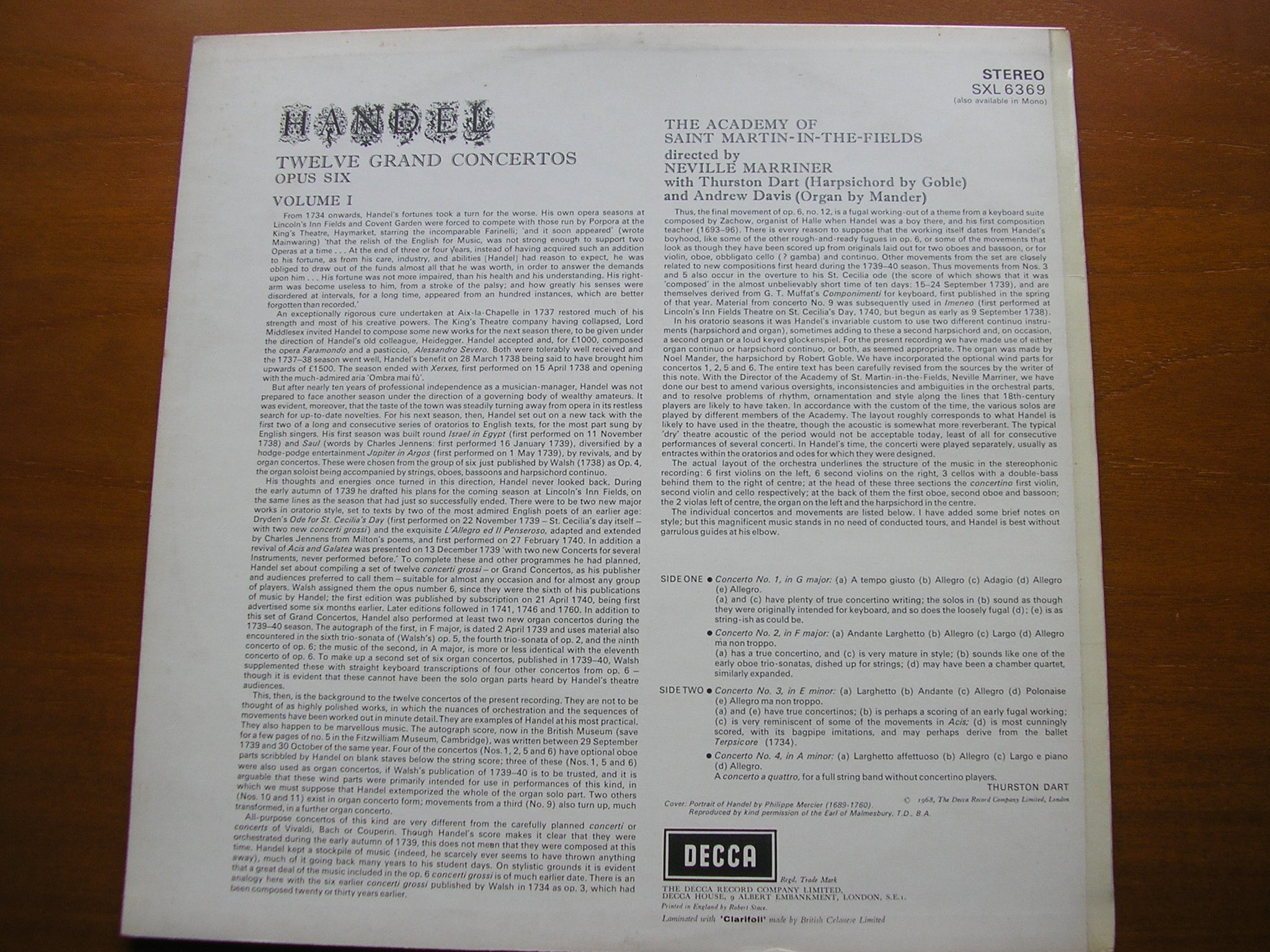 SXL 6369 HANDEL: CONCERTI GROSSI Op. 6 Nos. 1 - 4 MARRINER / ACADEMY OF SAINT MARTIN IN THE FIELDS