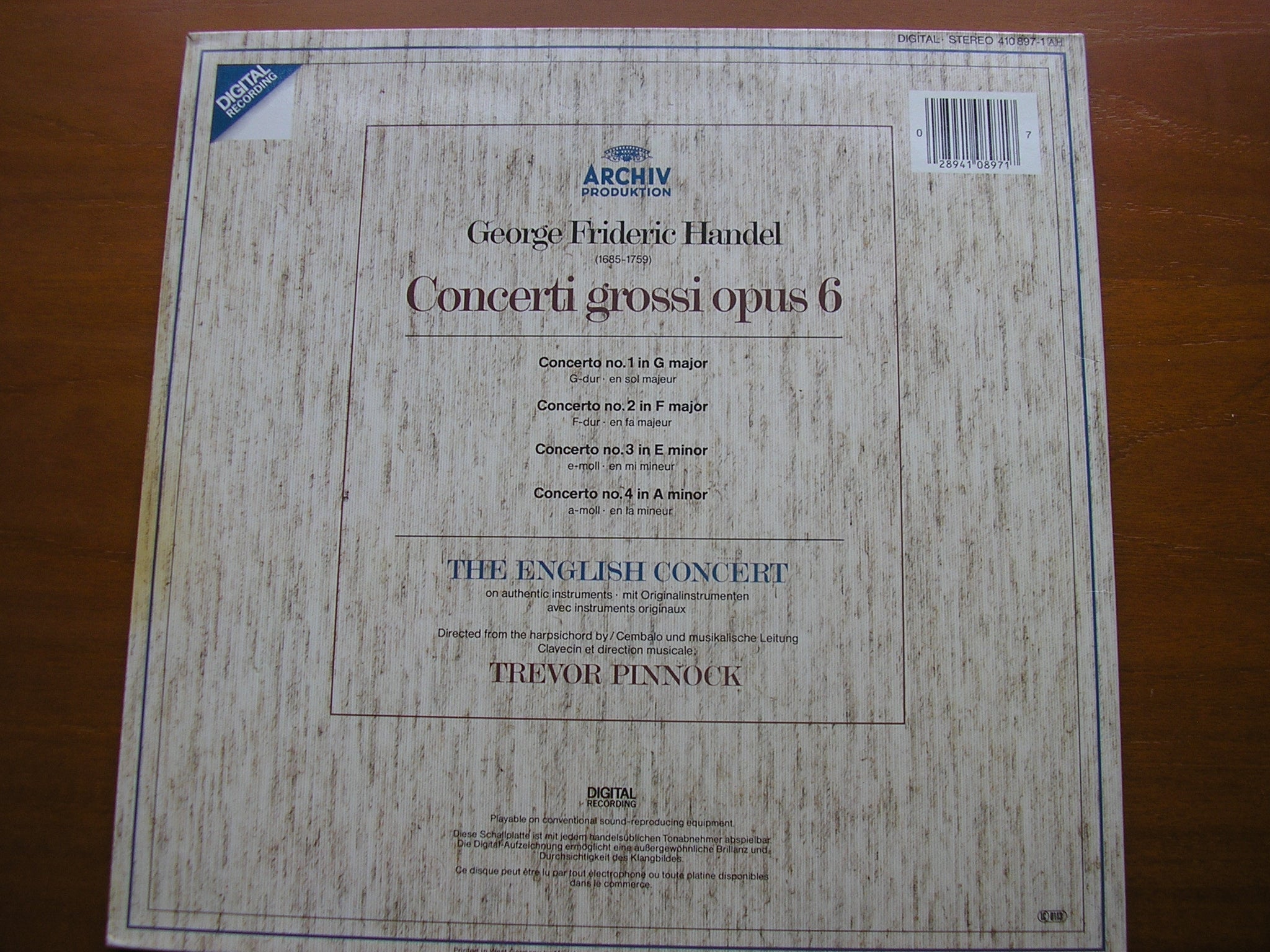 HANDEL: CONCERTI GROSSI Op. 6  Nos. 1 - 4     THE ENGLISH CONCERT / PINNOCK    410 897