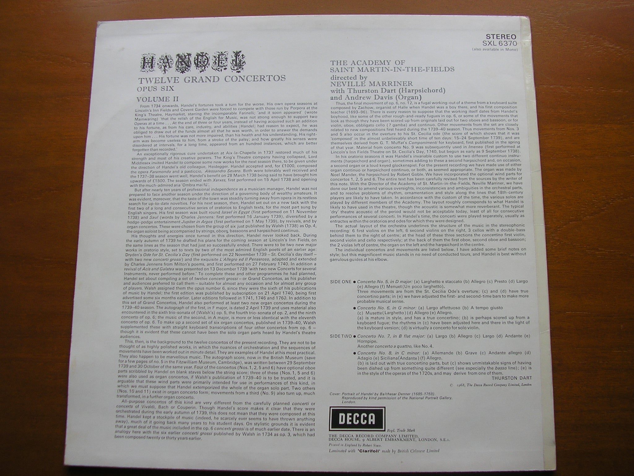 SXL 6370 HANDEL: CONCERTI GROSSI Op. 6 Nos. 5 - 8 MARRINER / ACADEMY OF SAINT MARTIN IN THE FIELDS