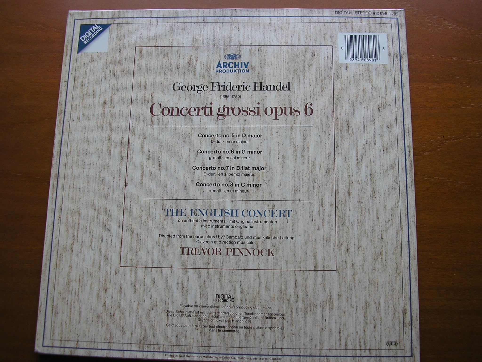 HANDEL: CONCERTI GROSSI Op. 6  Nos. 5 - 8     THE ENGLISH CONCERT / PINNOCK   410 898