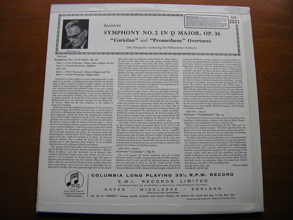 SAX 2331  BEETHOVEN: SYMPHONY No. 2 / OVERTURES Coriolan / Prometheus      KLEMPERER / PHILHARMON1A
