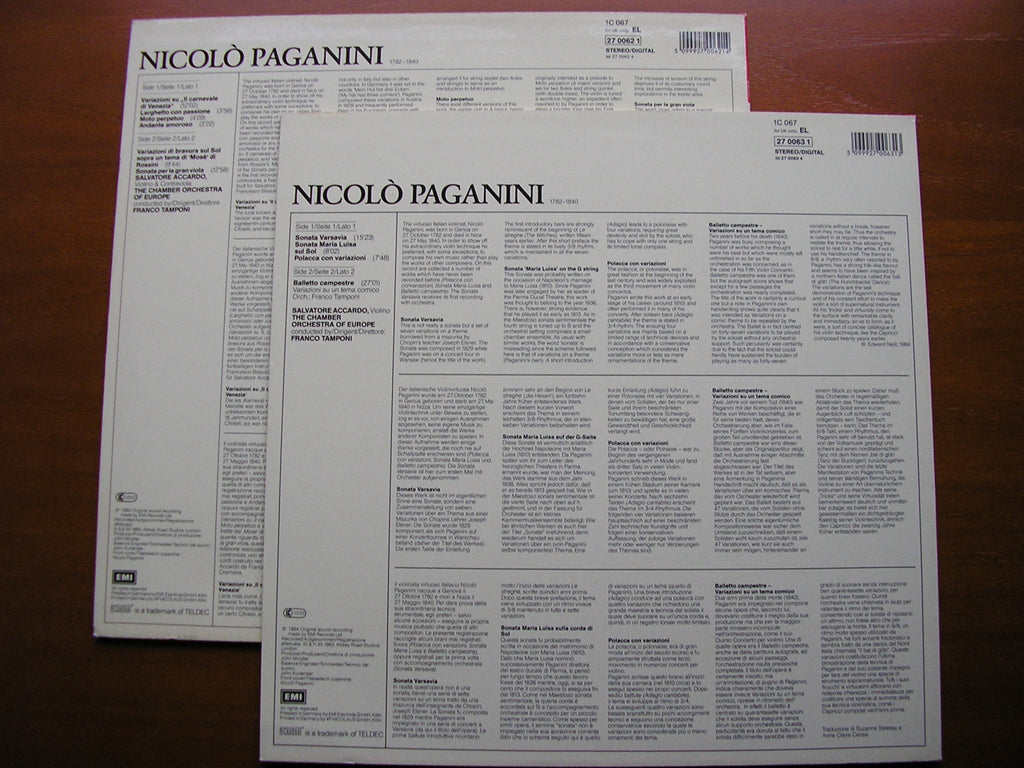 ACCARDO PLAYS PAGANINI  Volumes 1 & 2  ACCARDO / CHAMBER ORCHESTRA OF EUROPE / TAMPONI   2LP   270062 / 270063
