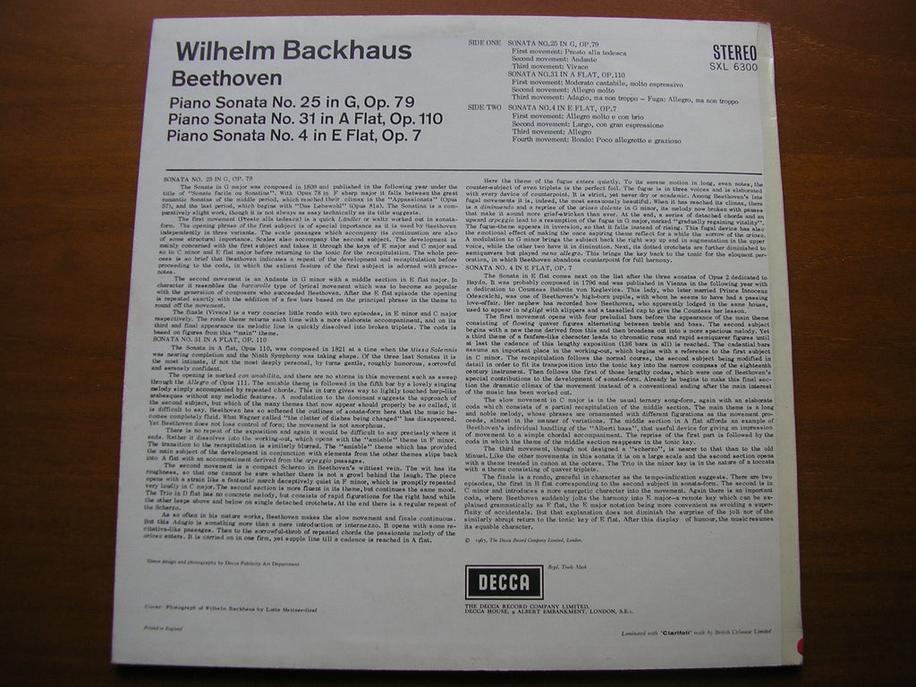SXL 6300 BEETHOVEN: PIANO SONATAS Nos. 4 / 25 / 31 BACKHAUS