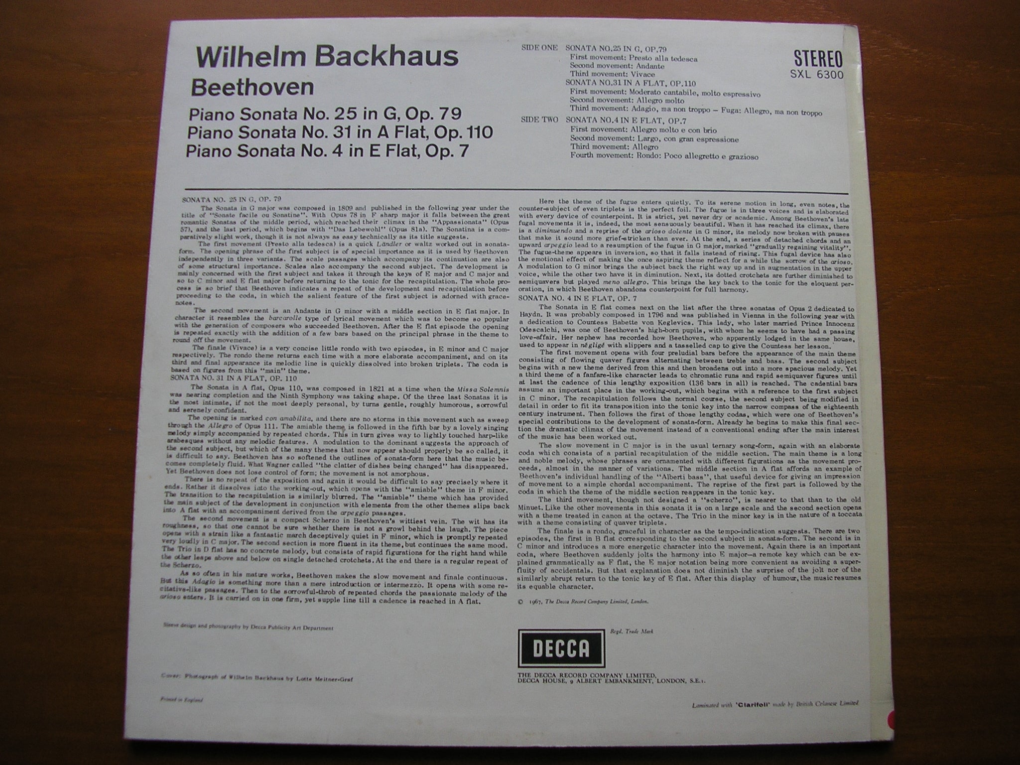 SXL 6300 BEETHOVEN: PIANO SONATAS Nos. 4 / 25 / 31 BACKHAUS
