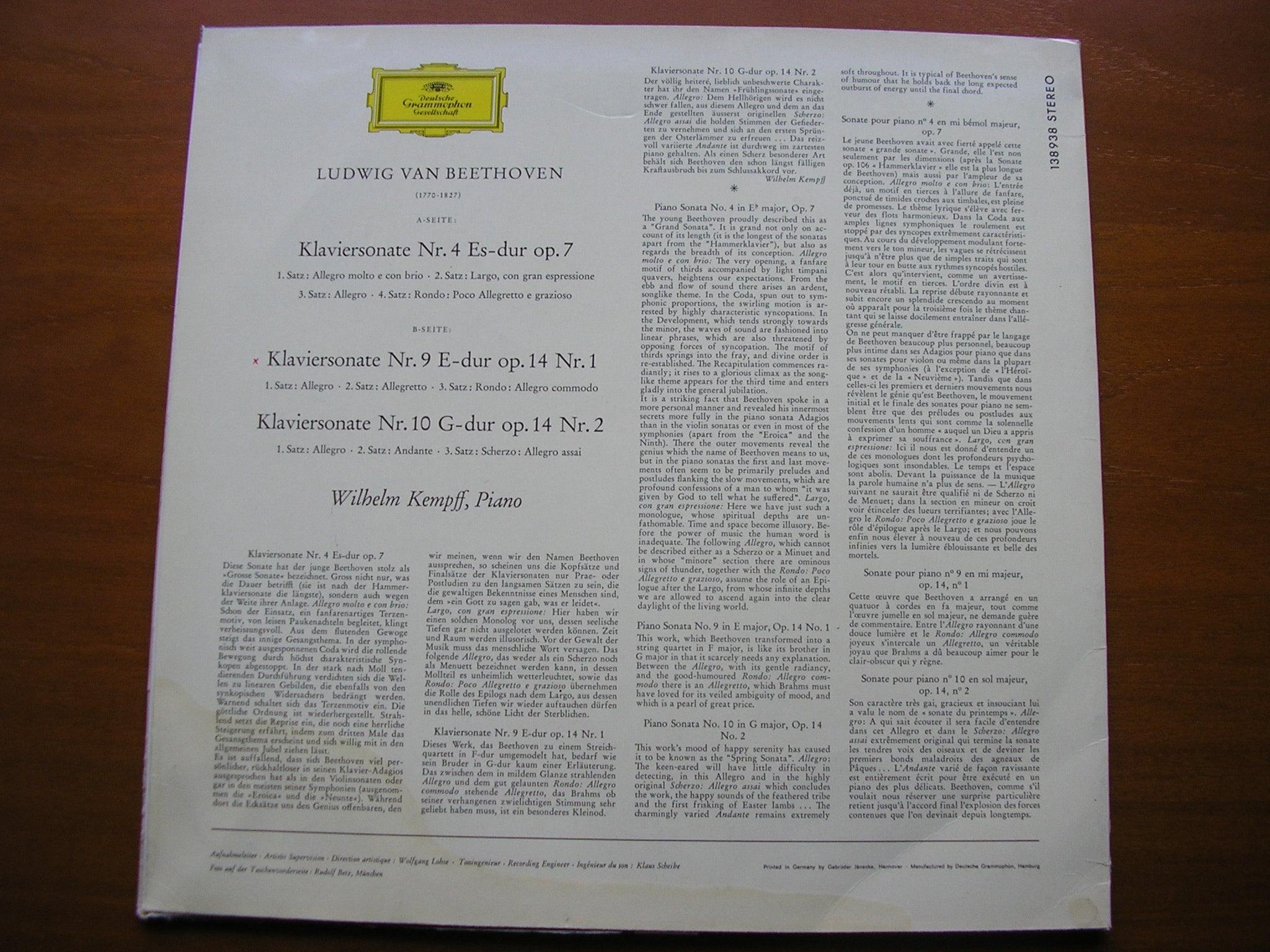 BEETHOVEN: PIANO SONATAS Nos. 4 / 9 / 10      KEMPFF      138 938