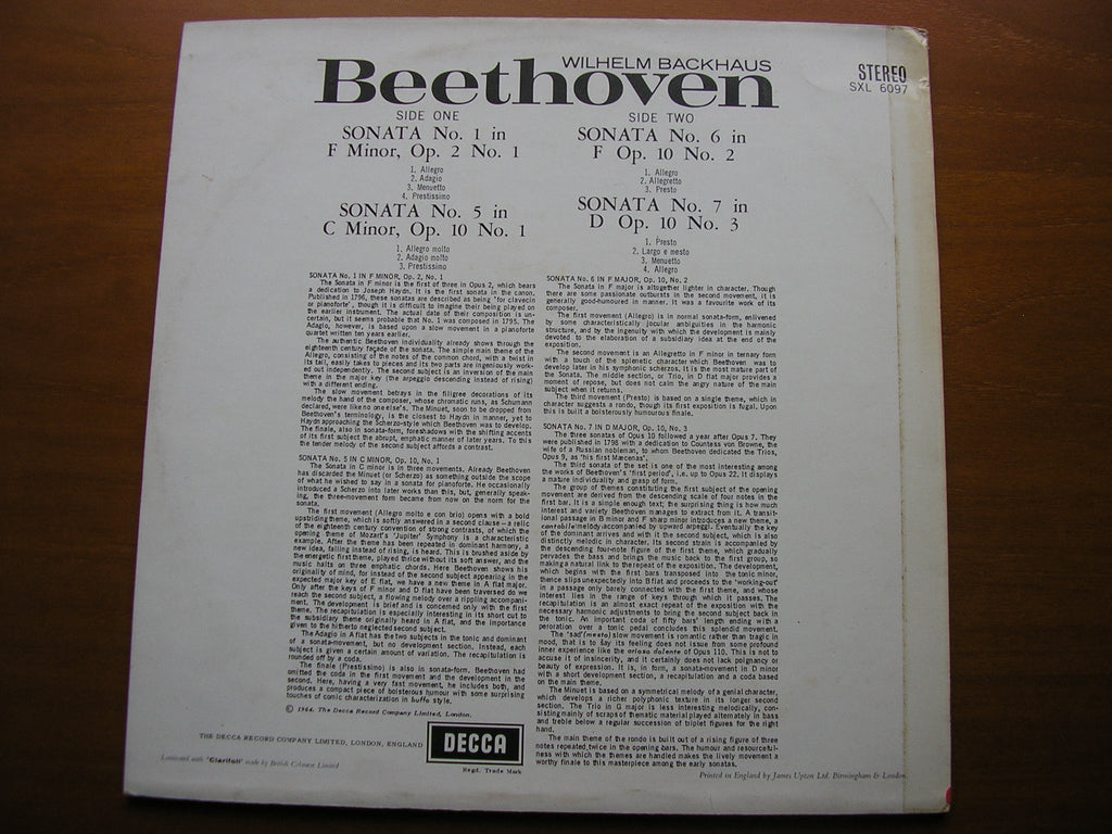SXL 6097 BEETHOVEN: PIANO SONATAS Nos. 1 / 5 / 6 / 7 BACKHAUS