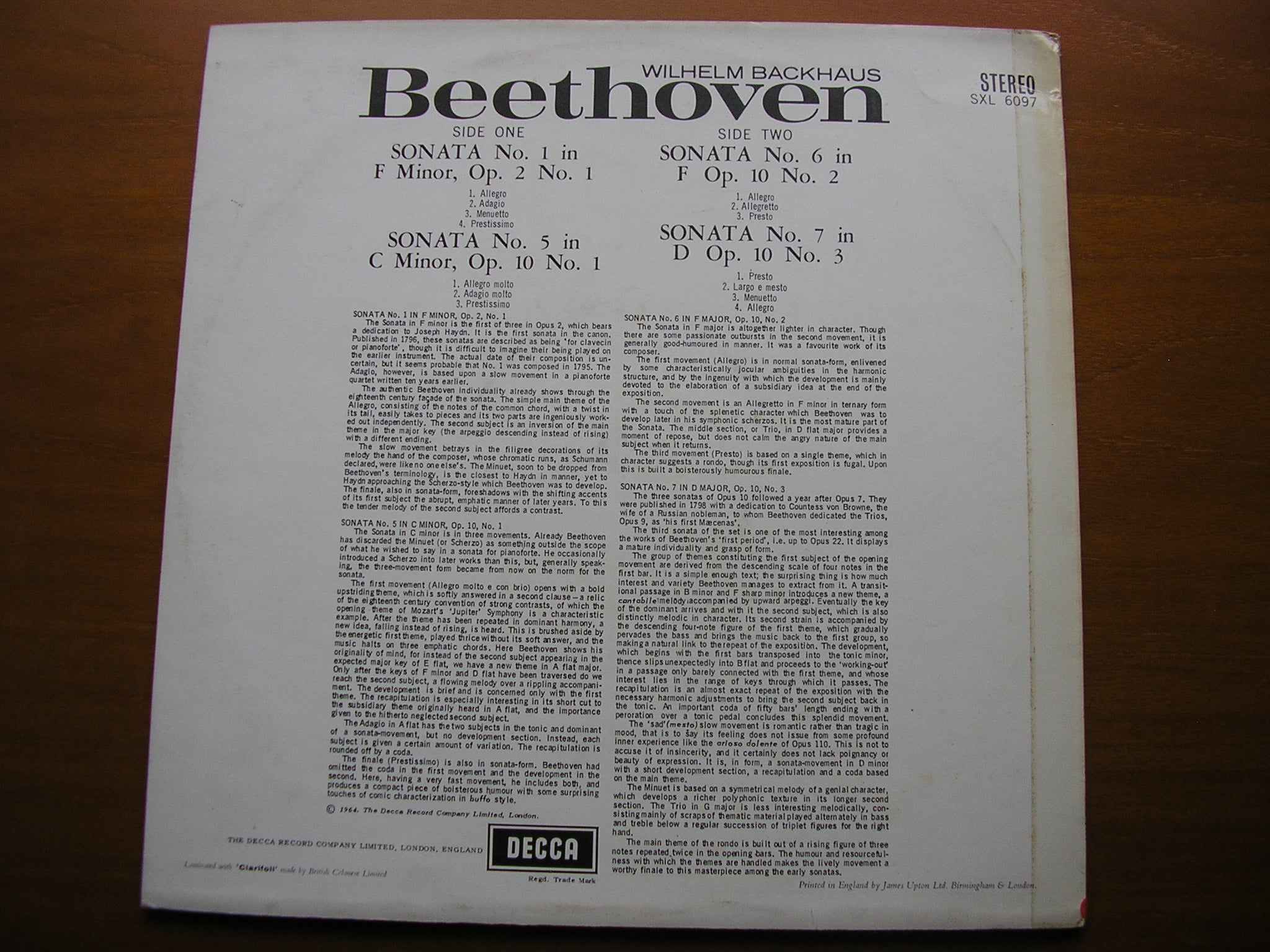 SXL 6097 BEETHOVEN: PIANO SONATAS Nos. 1 / 5 / 6 / 7 BACKHAUS