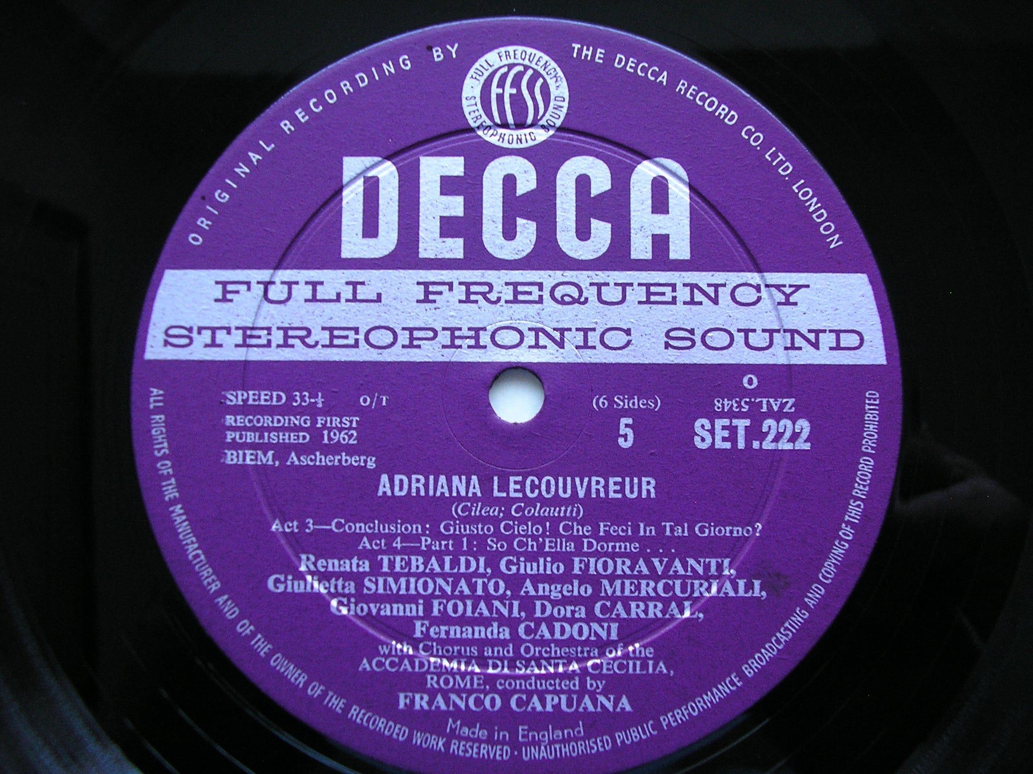 CILEA: ADRIANA LECOUVREUR   TEBALDI / DEL MONACO / SIMIONATO / FIORAVANTI / ADSCR / CAPUANA    SET 221 - 3