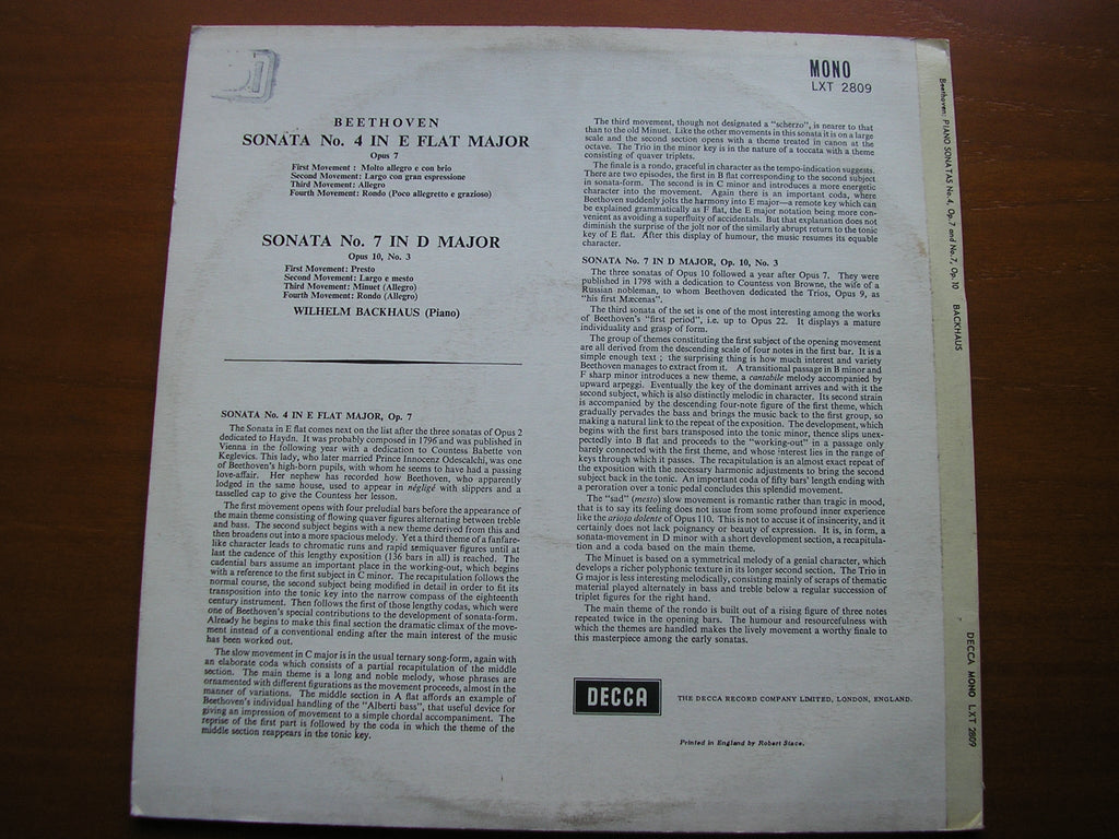 BEETHOVEN: PIANO SONATAS Nos. 4 & 7       BACKHAUS       LXT 2809