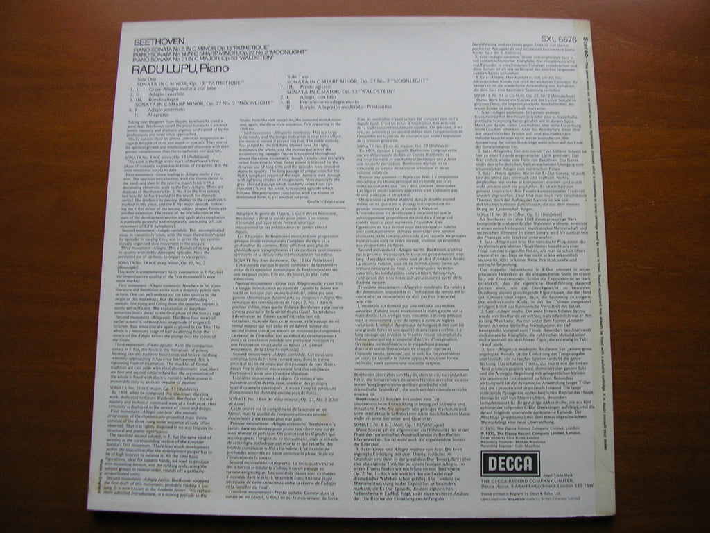 SXL 6576 BEETHOVEN: PIANO SONATAS Nos. 8 'Pathetique' / 14 'Moonlight' / 21 'Waldstein' LUPU