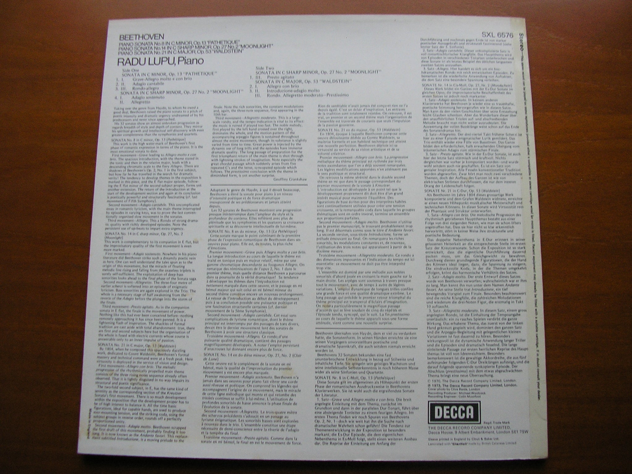 SXL 6576 BEETHOVEN: PIANO SONATAS Nos. 8 'Pathetique' / 14 'Moonlight' / 21 'Waldstein' LUPU