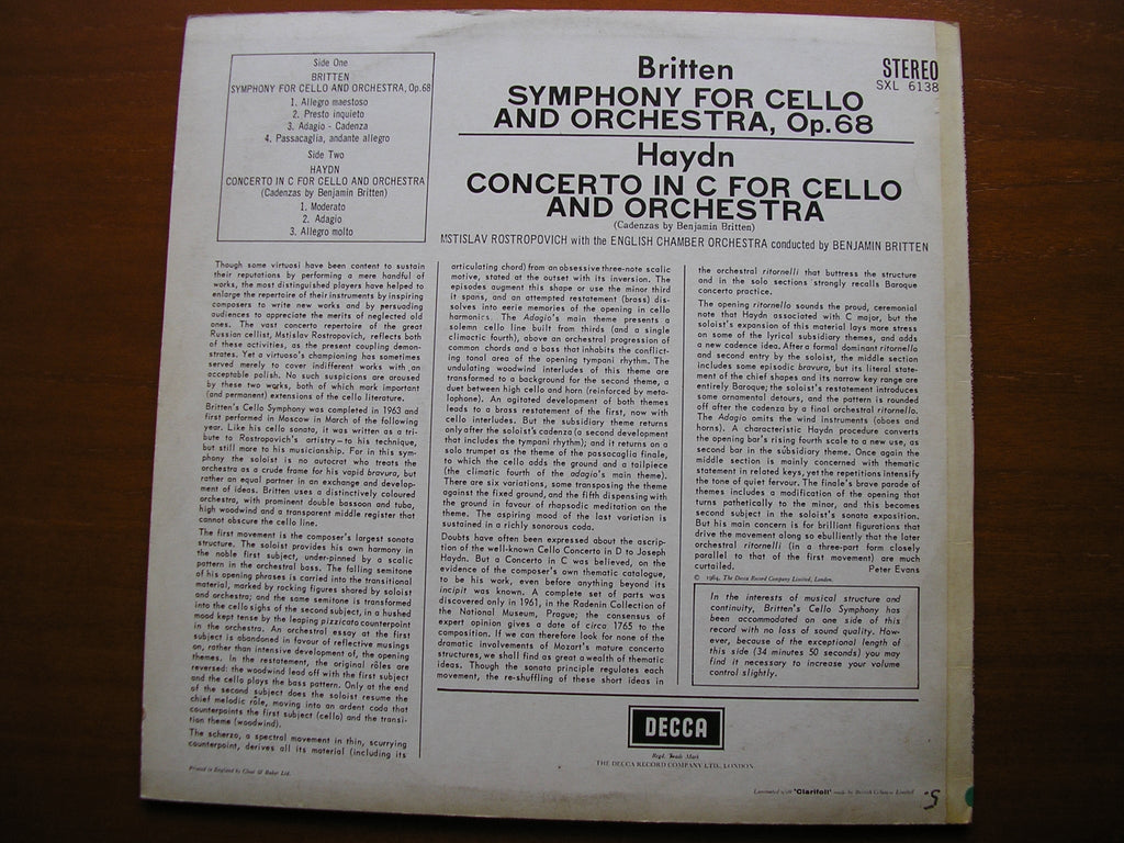 SXL 6138 HAYDN: CELLO CONCERTO / BRITTEN: CELLO SYMPHONY ROSTROPOVICH / ECO / BRITTEN
