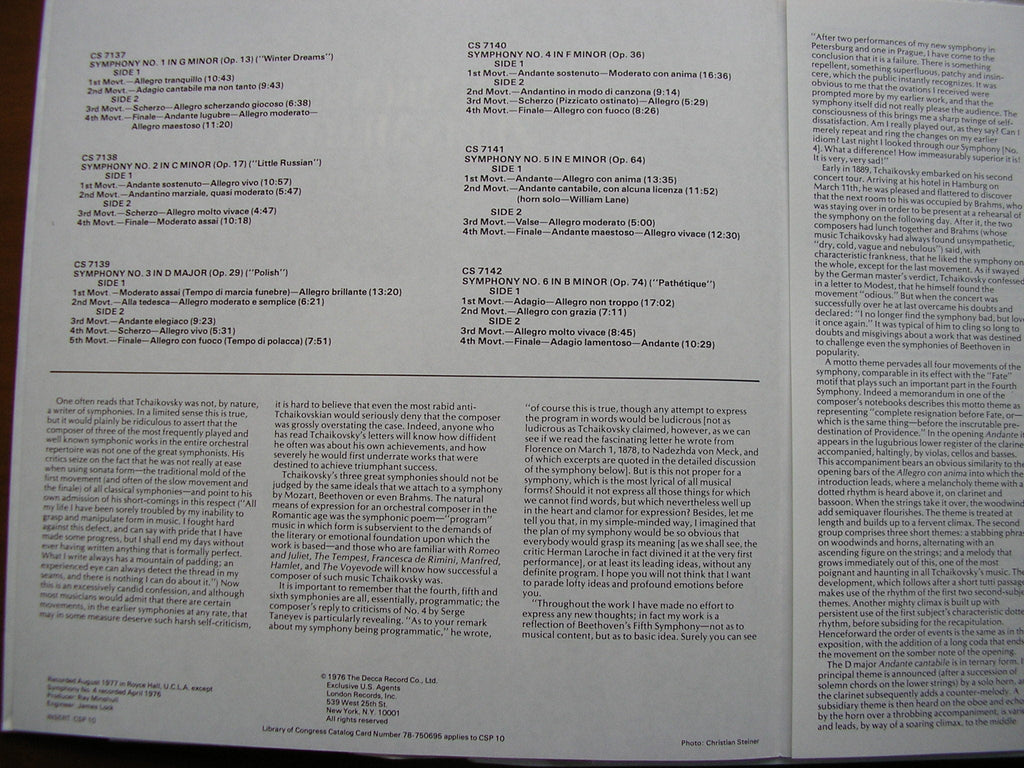 TCHAIKOVSKY: SIX SYMPHONIES   ZUBIN MEHTA / LOS ANGELES PHILHARMONIC    CSP 10