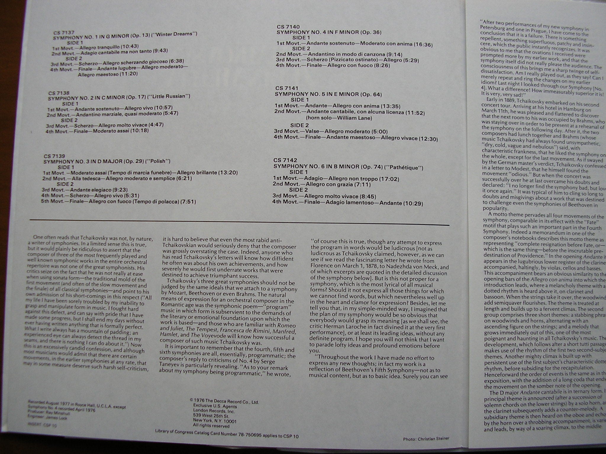 TCHAIKOVSKY: SIX SYMPHONIES   ZUBIN MEHTA / LOS ANGELES PHILHARMONIC    CSP 10