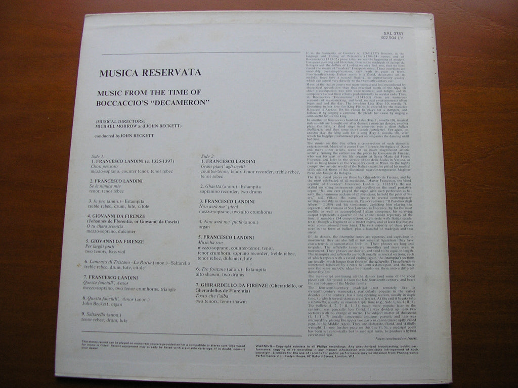 MUSIC FROM THE TIME OF BOCCACCIO'S 'DECAMERON'       MUSICA RESERVATA / JOHN BECKETT      SAL 3781