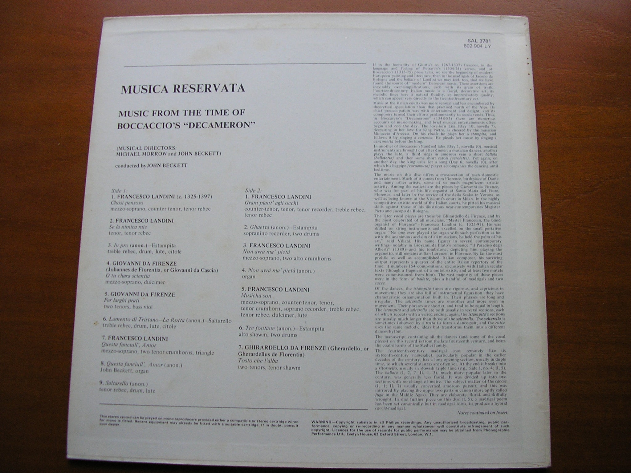 MUSIC FROM THE TIME OF BOCCACCIO'S 'DECAMERON'       MUSICA RESERVATA / JOHN BECKETT      SAL 3781