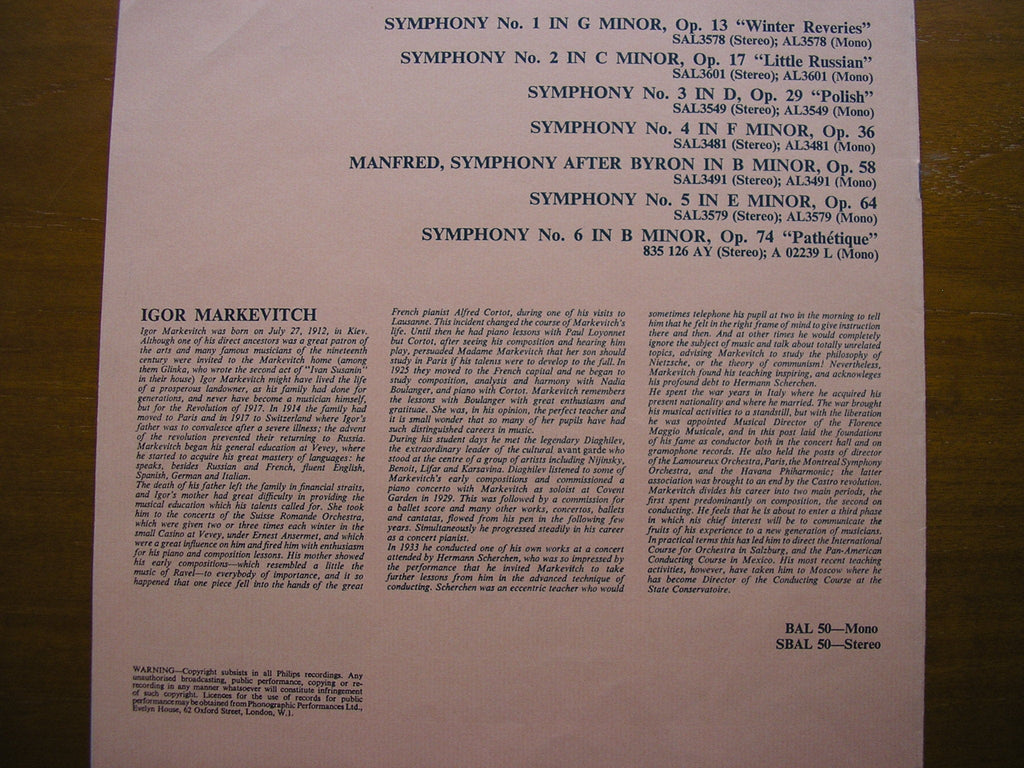 TCHAIKOVSKY: THE COMPLETE SYMPHONIES    MARKEVITCH / LONDON SYMPHONY  SBAL 50