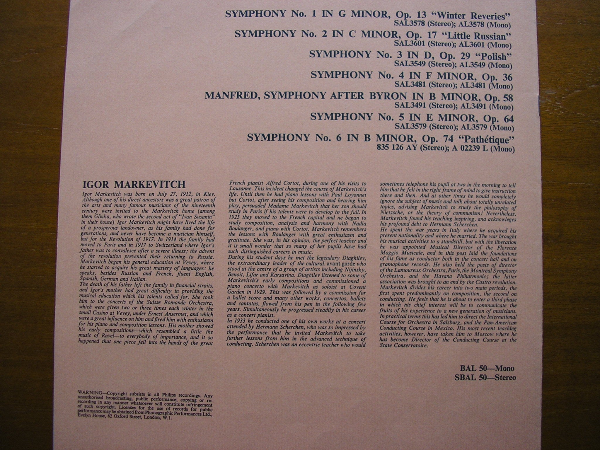 TCHAIKOVSKY: THE COMPLETE SYMPHONIES    MARKEVITCH / LONDON SYMPHONY  SBAL 50