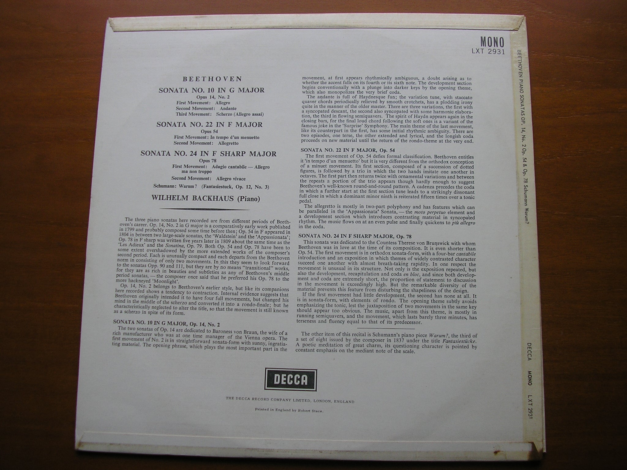 BEETHOVEN: PIANO SONATAS Nos. 10 / 22 / 24       BACKHAUS      LXT 2931