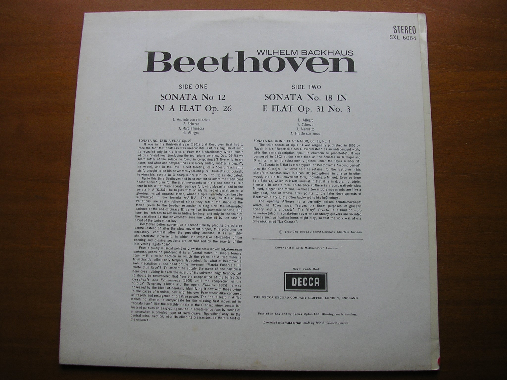 SXL 6064 BEETHOVEN: PIANO SONATAS Nos. 12 & 18 BACKHAUS