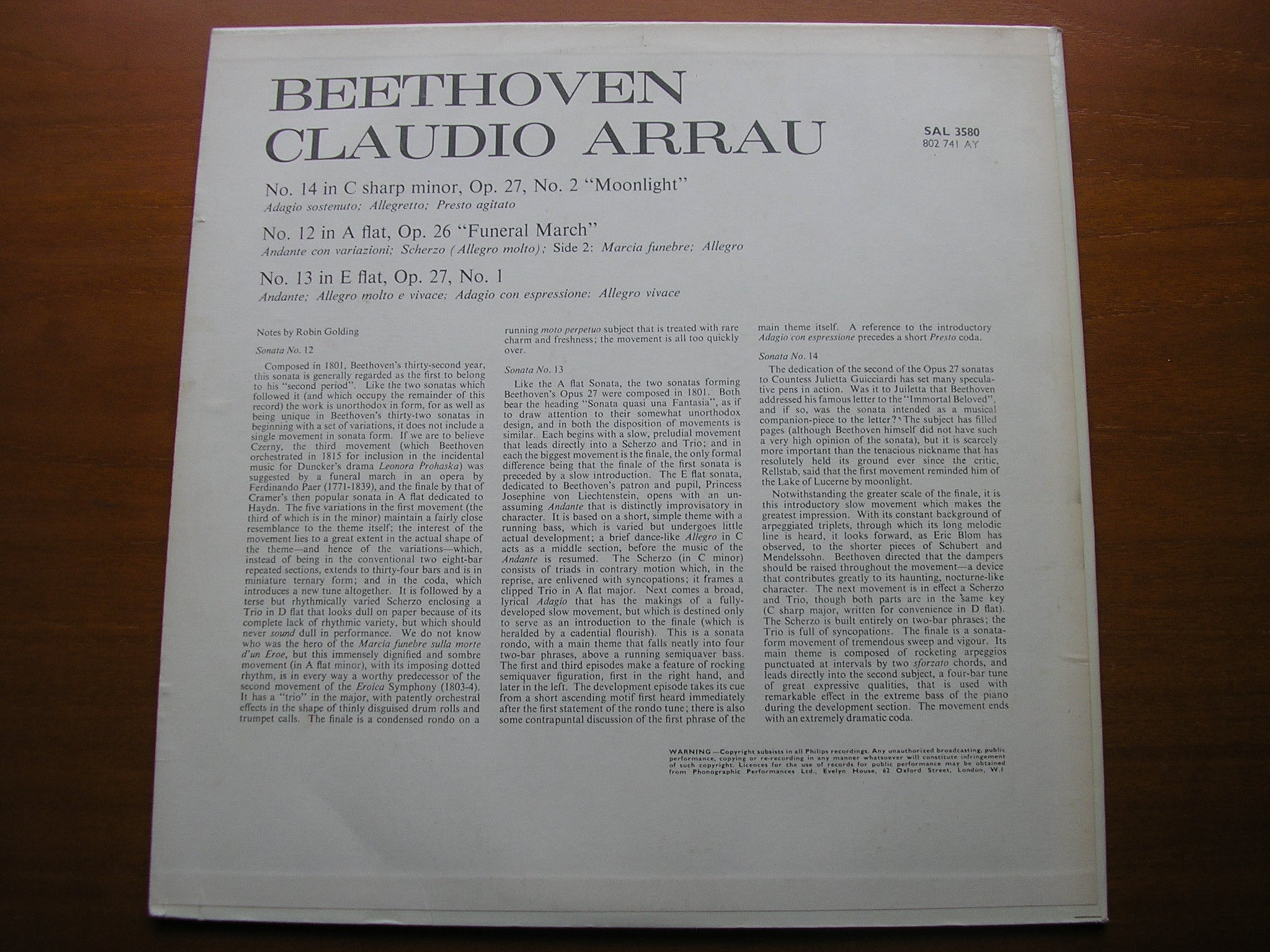 BEETHOVEN: PIANO SONATAS Nos. 12 / 13 / 14 'Moonlight'        ARRAU        SAL 3580